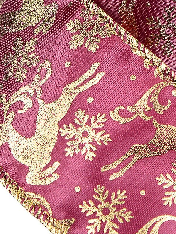 Wired Burgundy Ribbon With Gold Reindeer & Snowflakes | 3m x 63mm — image 6