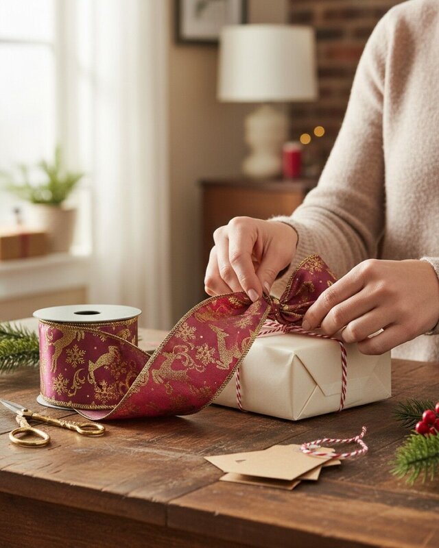 Wired Burgundy Ribbon With Gold Reindeer & Snowflakes | 3m x 63mm — image 3