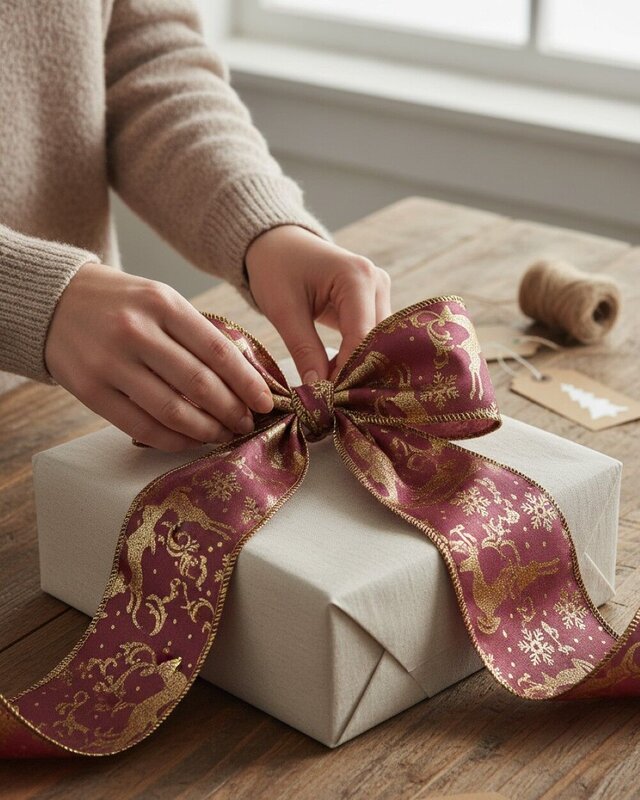 Wired Burgundy Ribbon With Gold Reindeer & Snowflakes | 3m x 63mm — image 5