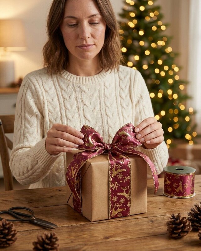 Wired Burgundy Ribbon With Gold Reindeer & Snowflakes | 3m x 63mm — image 4