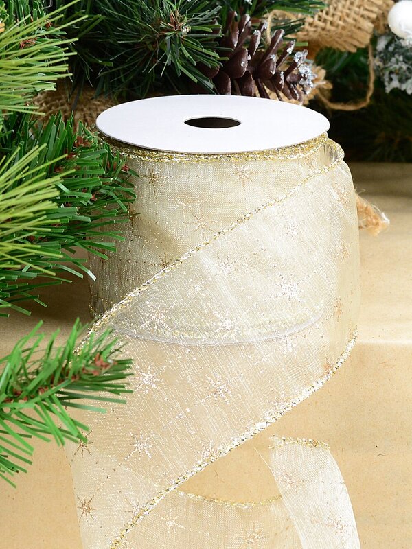 Wired Cream Sheer Christmas Ribbon Gold Bethlehem Stars | 3m x 63mm — image 2