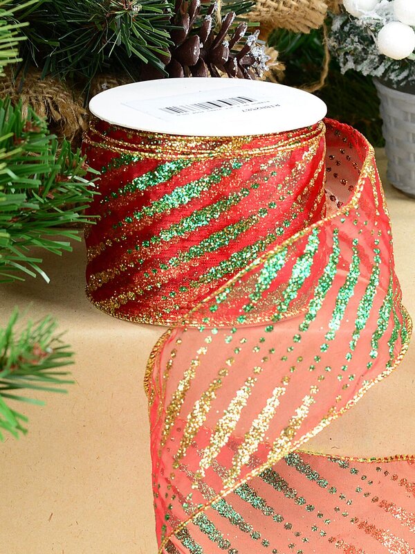 Wired Red Sheer Christmas Ribbon Gold & Green Tapered Lines | 9m x 63mm — image 2