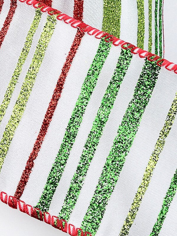 Wired White Satin Ribbon Red & Green Glitter Stripes | 9m x 63mm — image 3