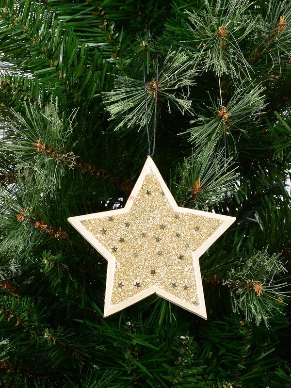 Wood Star With Gold Glitter & Stars Christmas Tree Hanging Decoration - 12cm — image 3