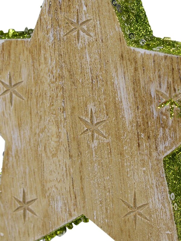 Wood Star With Green Glitter Trim Christmas Tree Hanging Decoration - 12cm — image 3