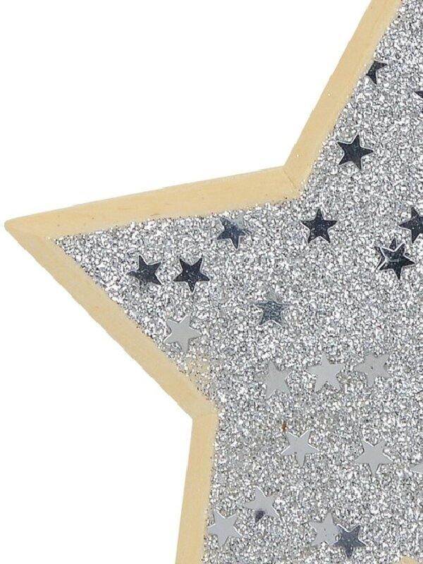 Wood Star With Silver Glitter & Stars Christmas Tree Hanging Decoration - 12cm