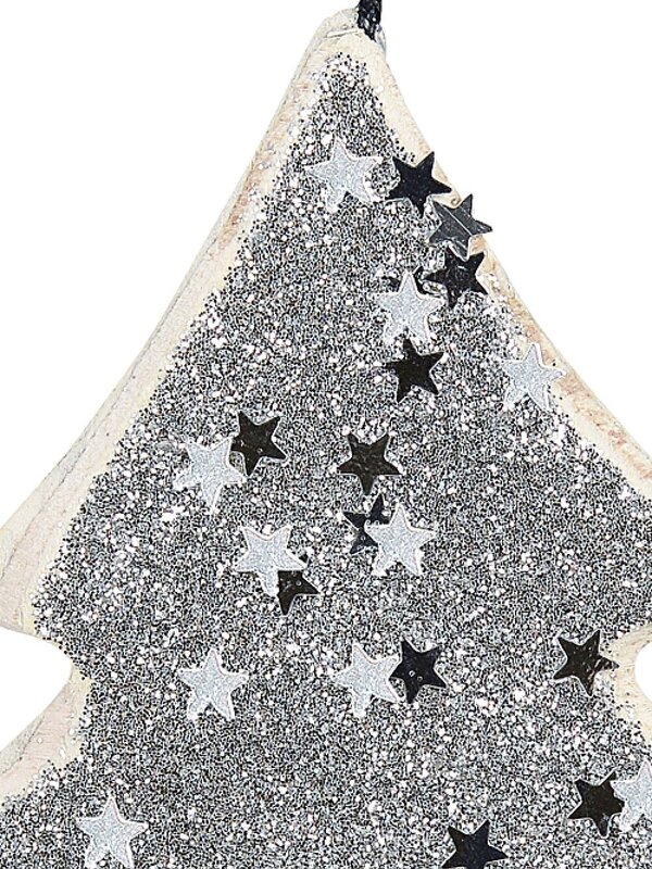 Wood Tree With Silver Glitter & Stars Christmas Tree Hanging Decoration - 11cm — image 2