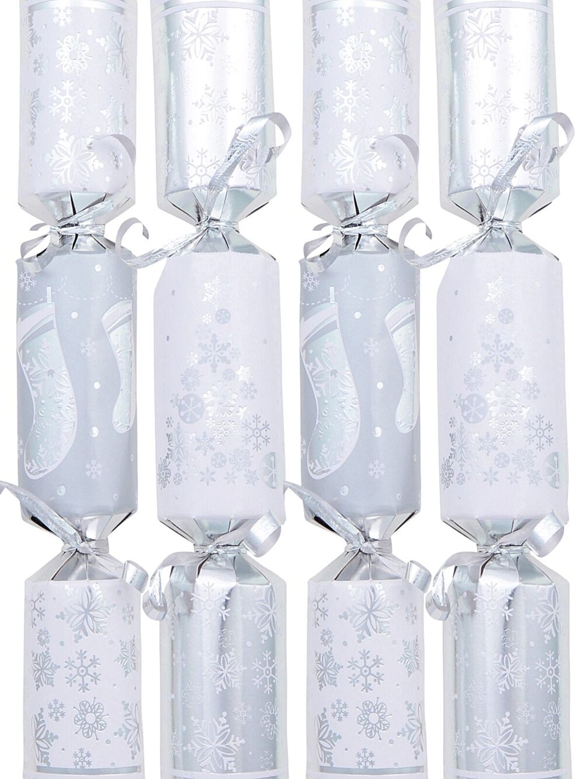 100x White & Grey Snowflakes & Stockings Christmas Bon Bons (Crackers) | 24cm