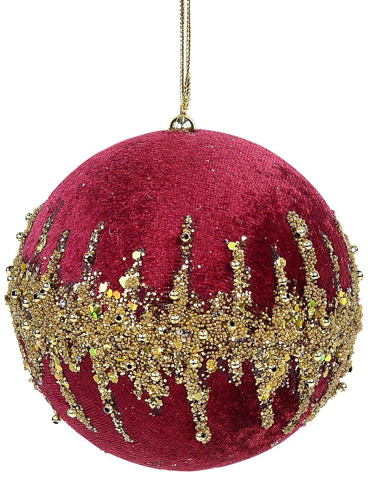 10cm Burgundy Velvet Christmas Ball Bauble With Gold Glitter