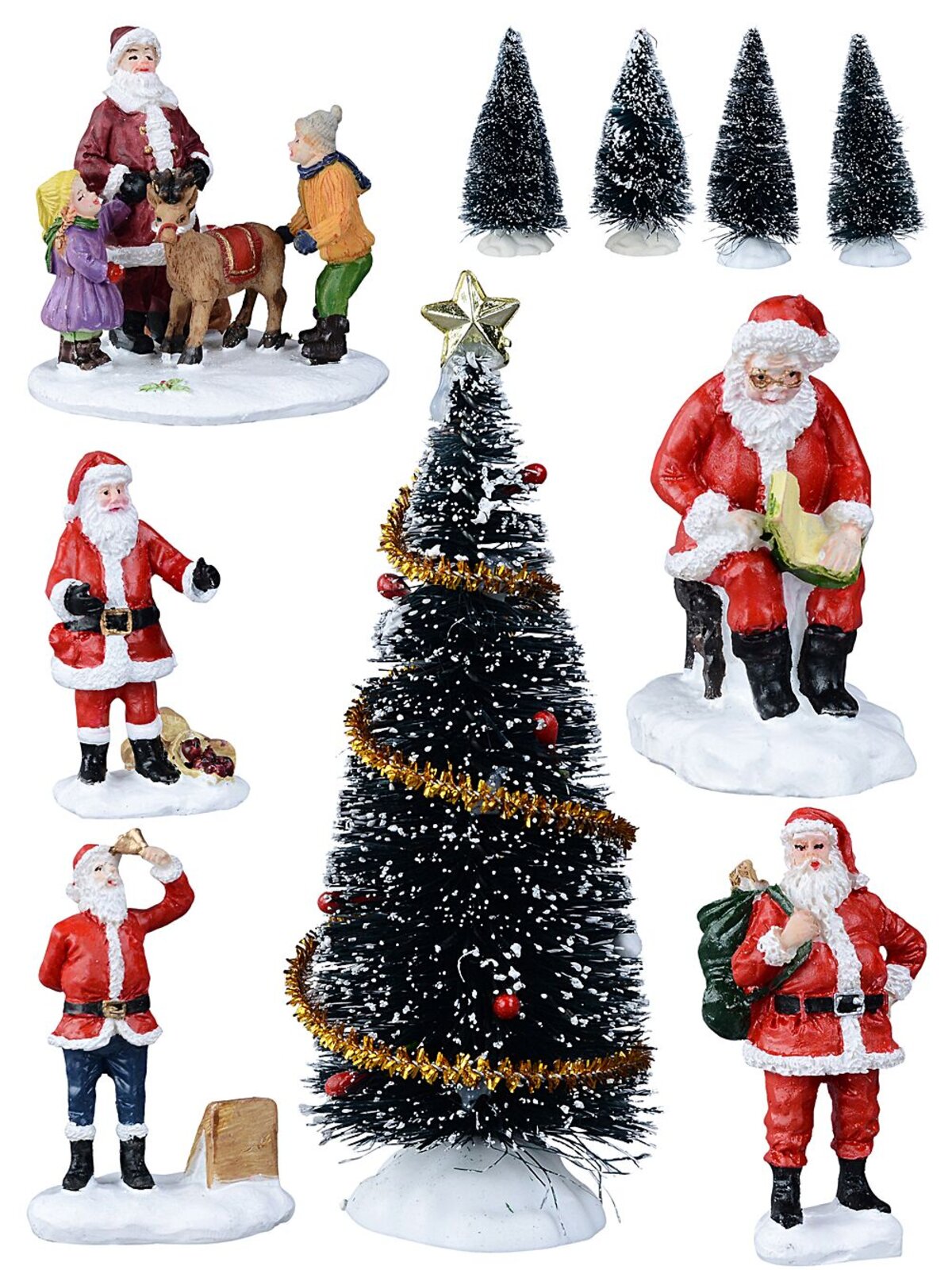10x Posing Santa Claus & Snowy Pine Village Scene | 11cm Tree
