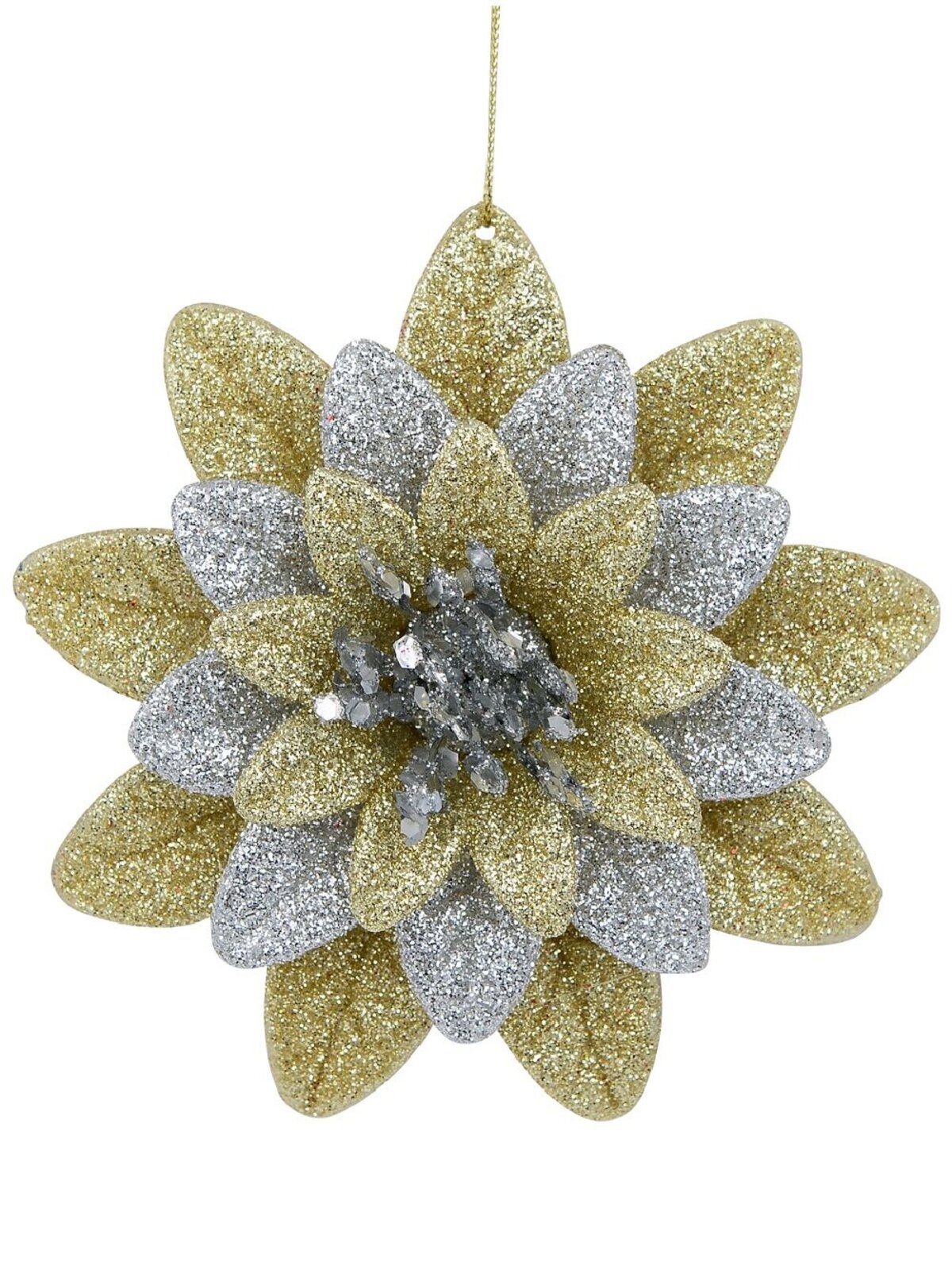 11cm Silver & Gold Glitter Lotus Flower Christmas Tree Ornament