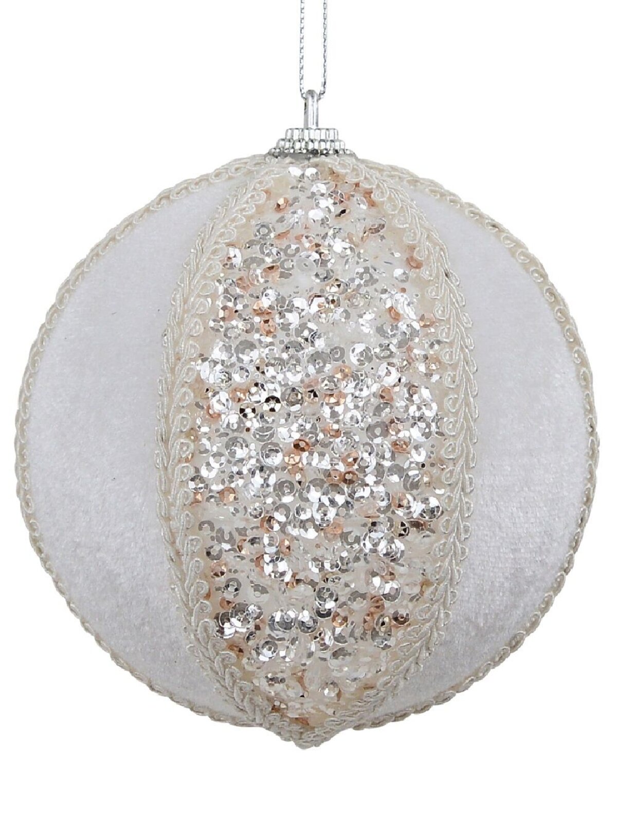 11cm White Sequin & Velvet Christmas Ball Bauble