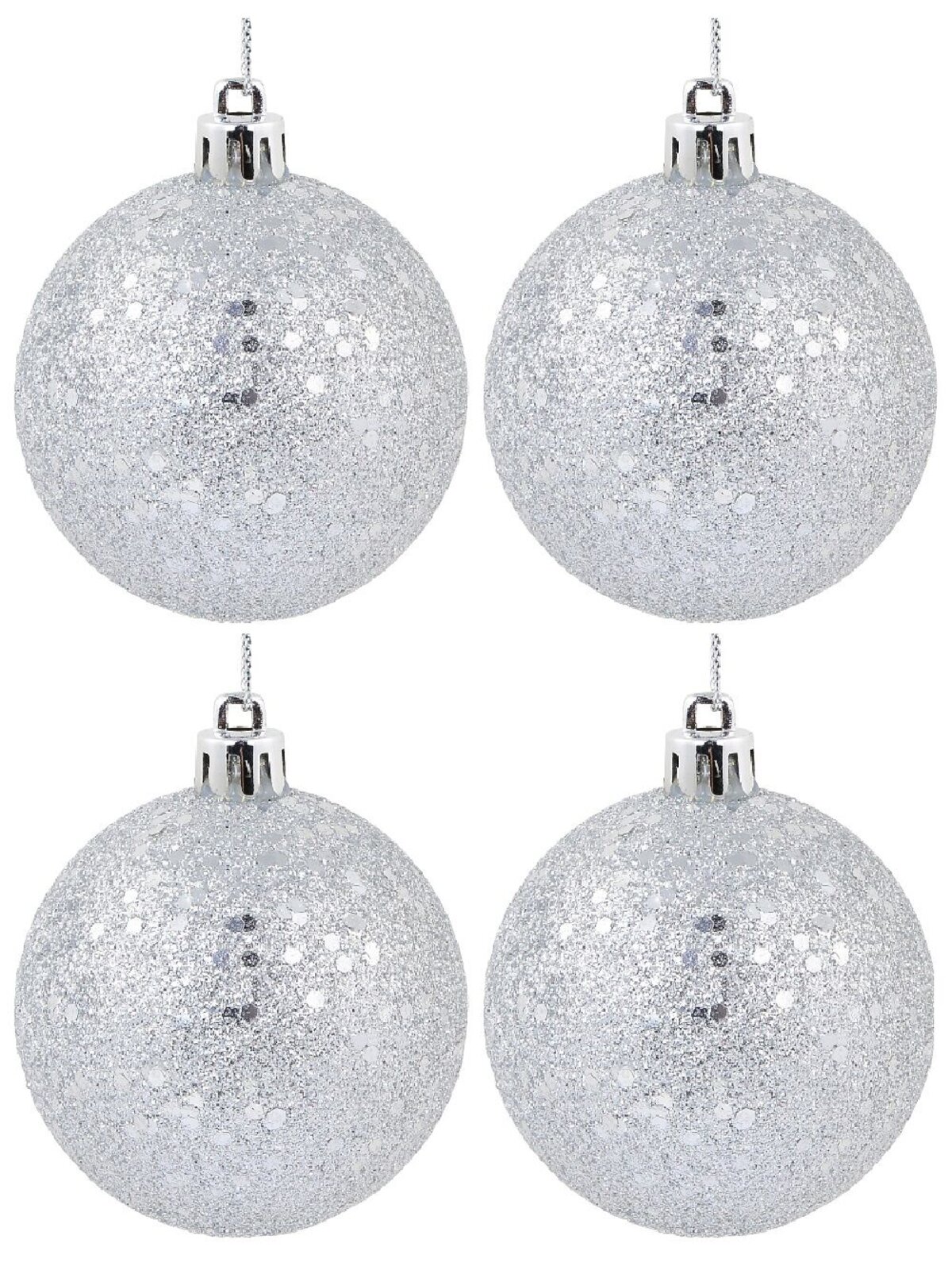 12 x 60mm Silver Metallic Sequins & Glitter Coated Christmas Baubles