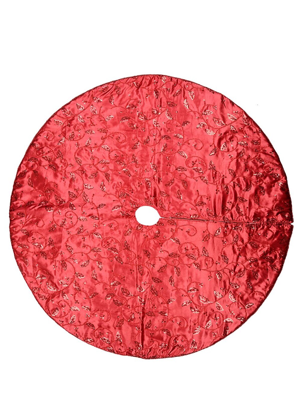 1.2m Red Sequin, Bead Holly Leaf & Berry Vine Pattern Christmas Tree Skirt