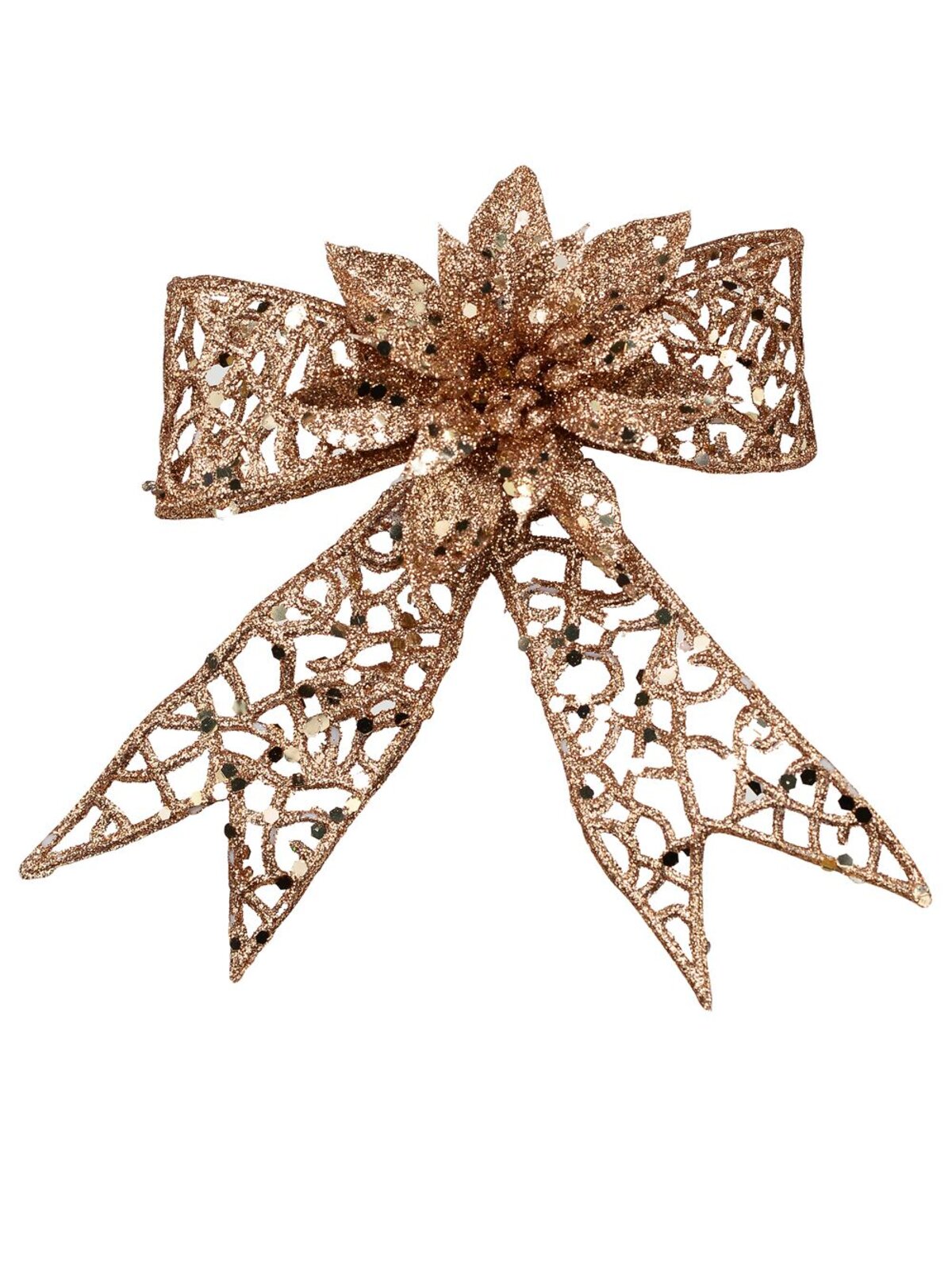 Rose Gold Mesh Poinsettia Flower & Ribbon Christmas Bow Clip Pick | 13cm