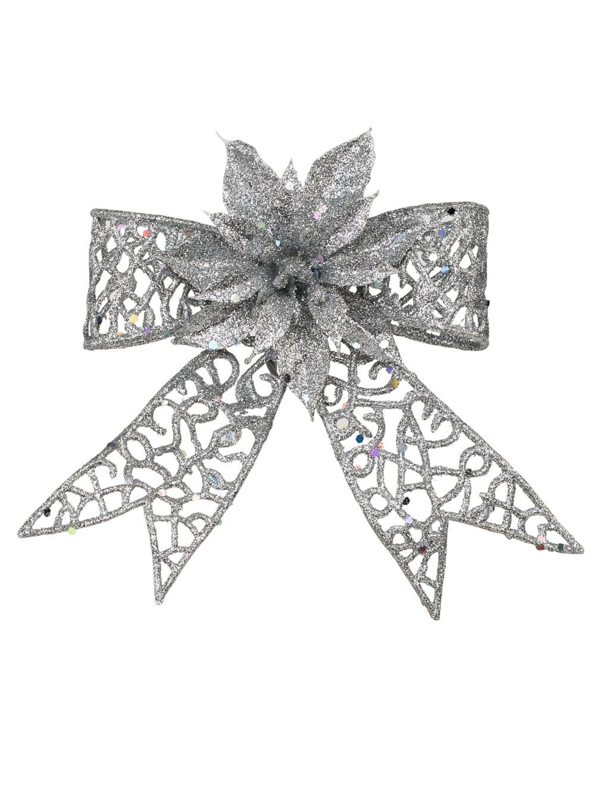 Silver Mesh Poinsettia Flower & Ribbon Christmas Bow Clip Pick | 13cm