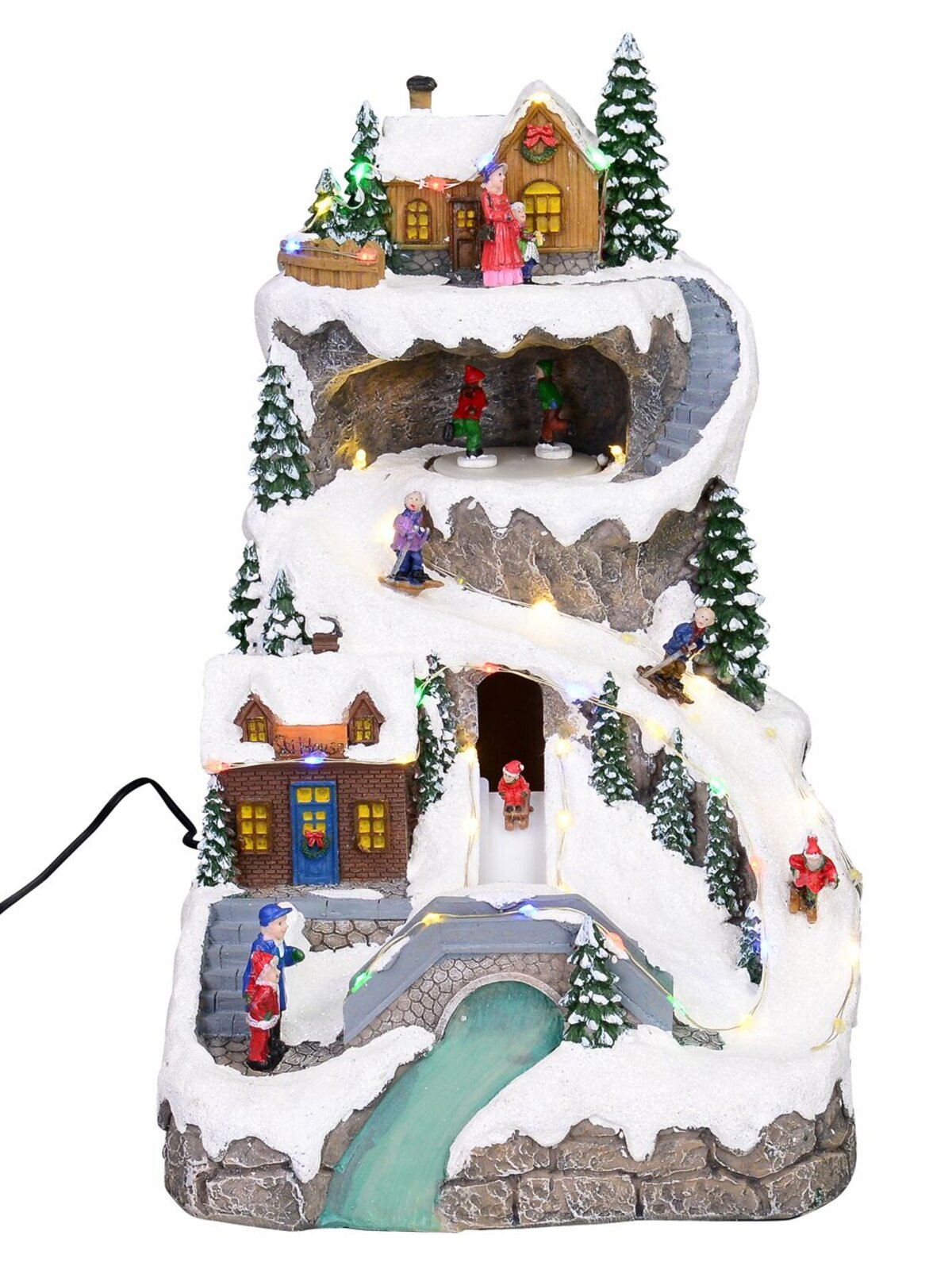 Ski Mountain Village Scene with LED Lights & Moving Figures - 30cm