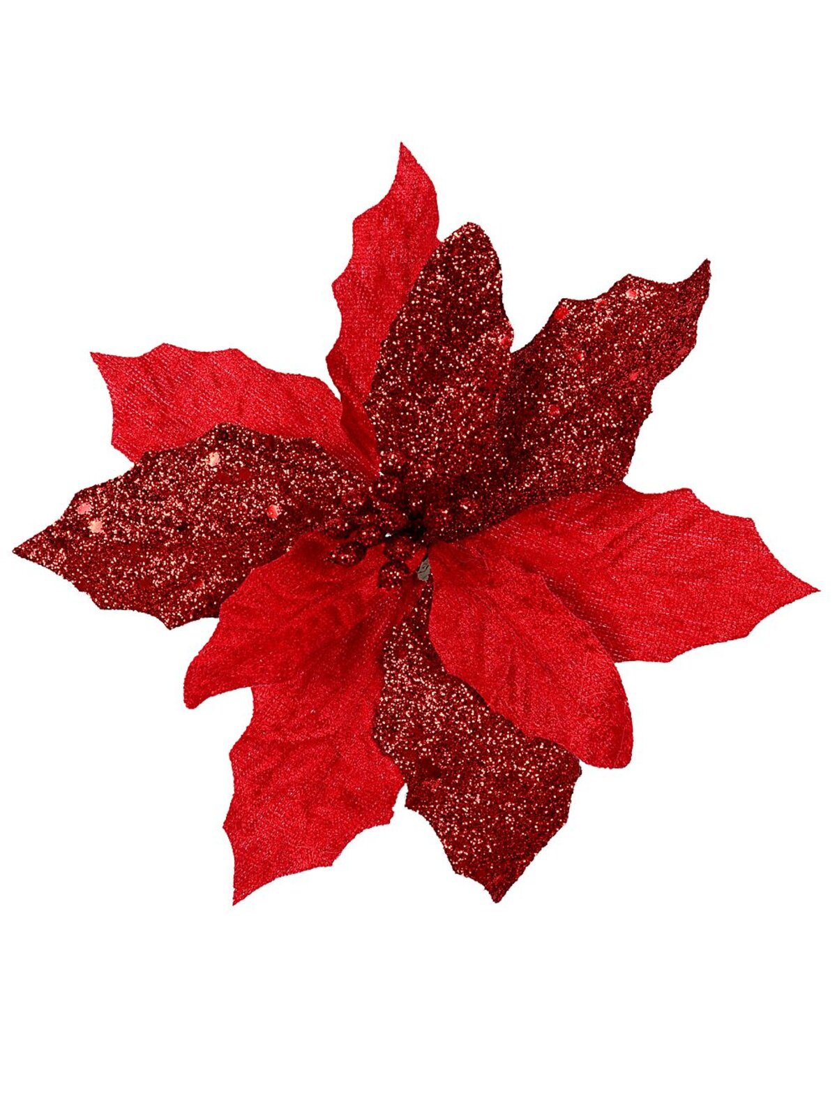 Red Fabric & Glitter Bracts Poinsettia Christmas Tree Stem Pick | 15cm