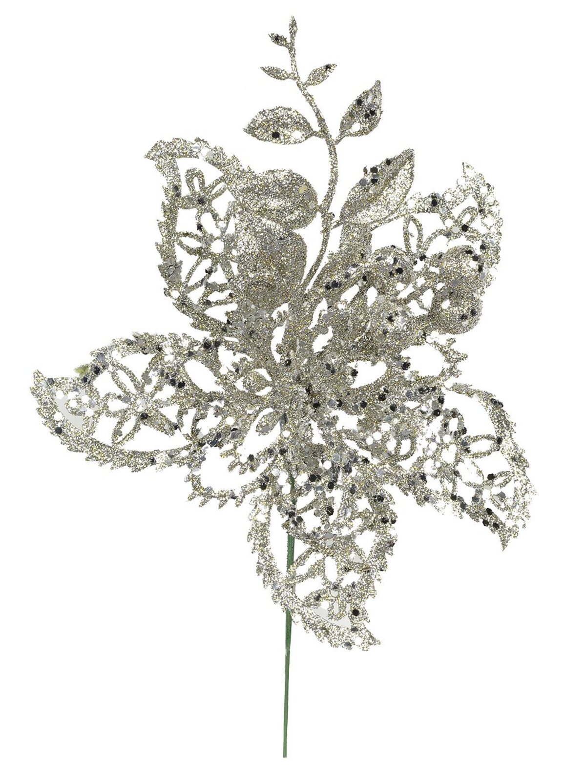 15cm Silver Filigree Poinsettia Flower Christmas Tree Stem Pick