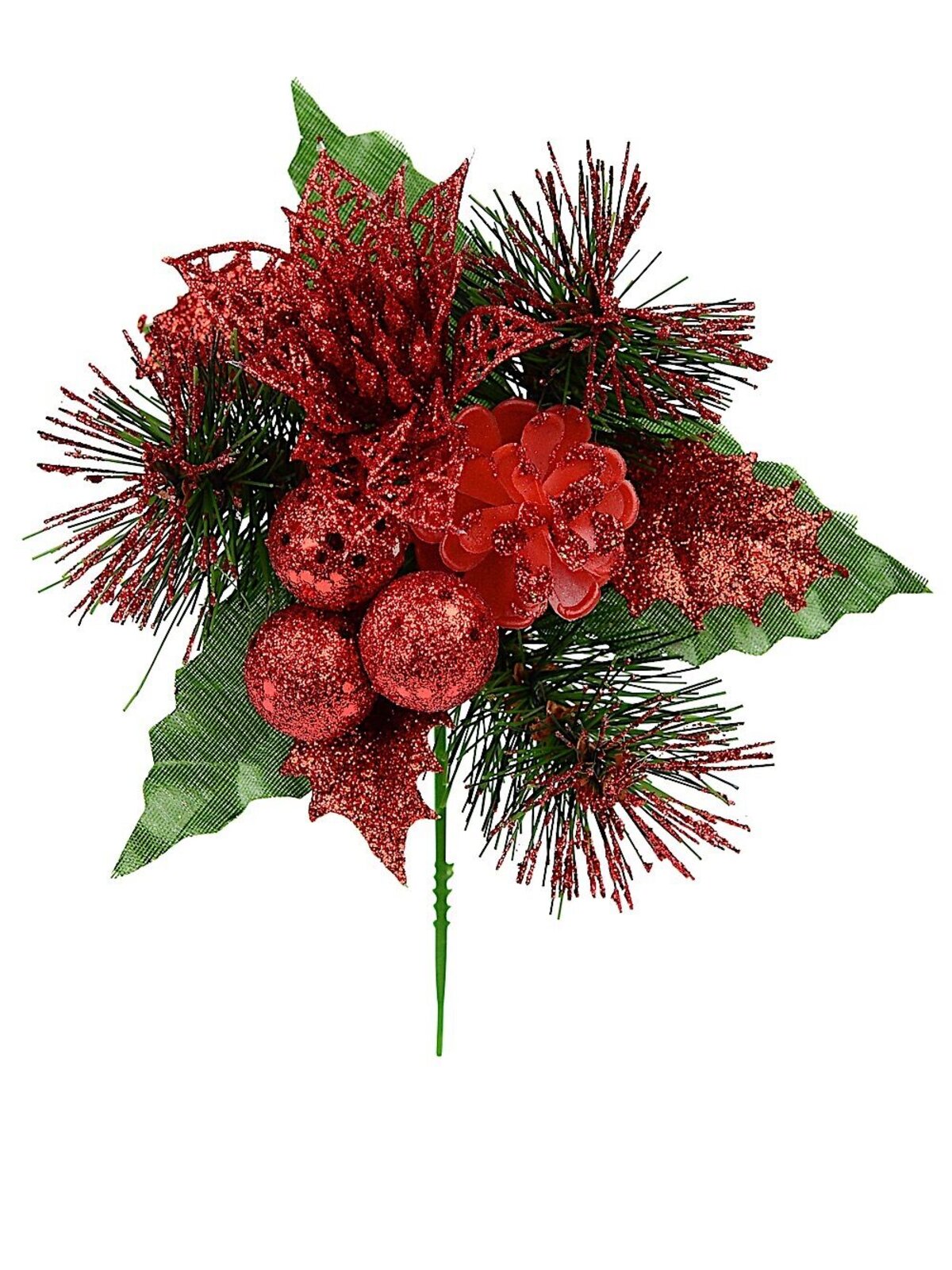 Red Glitter Berries, Pinecone, Flower & Foliage Christmas Tree Stem Pick | 17cm
