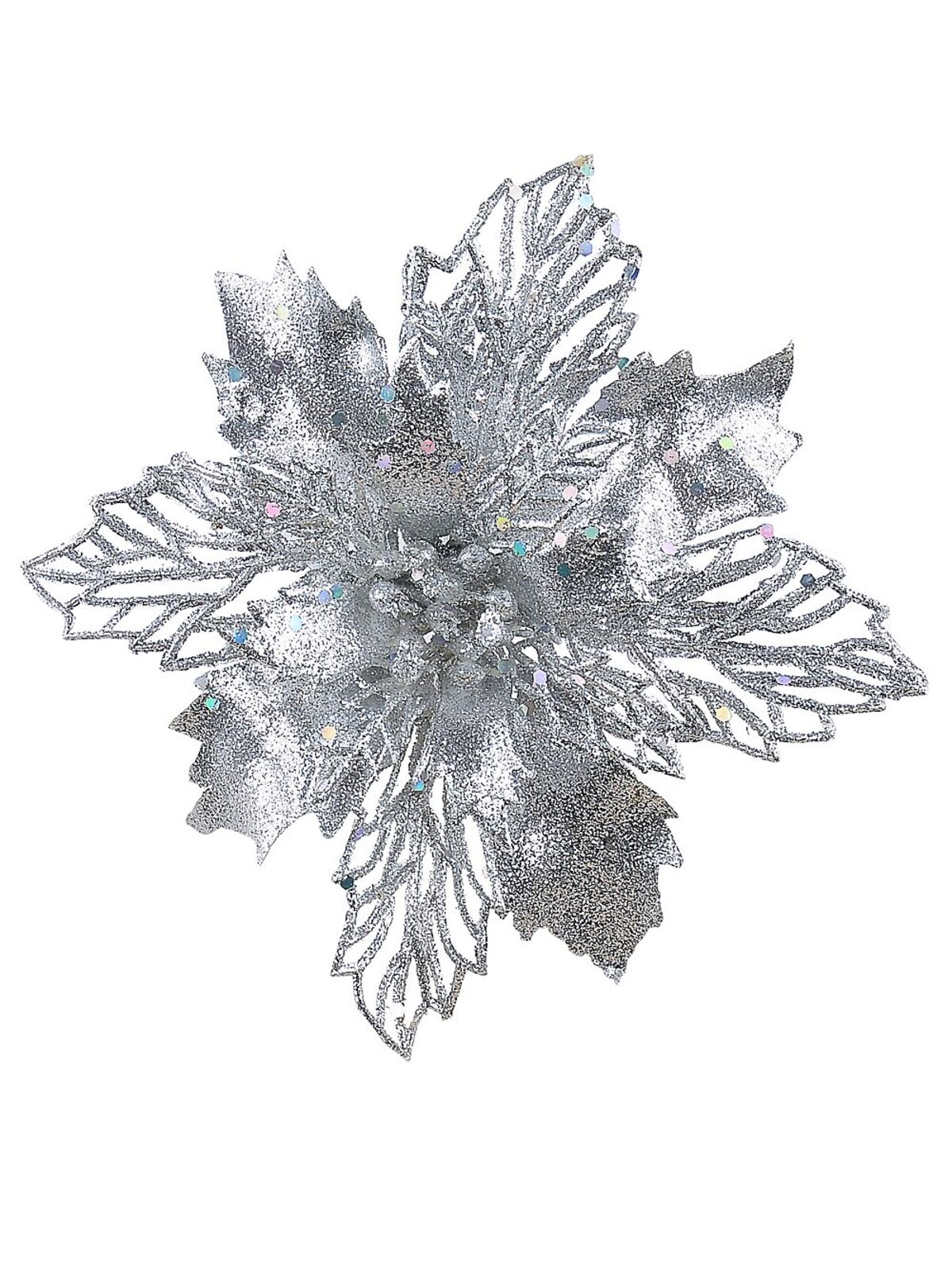 Silver Poinsettia Bract & Leaf Christmas Tree Clip Pick | 18cm