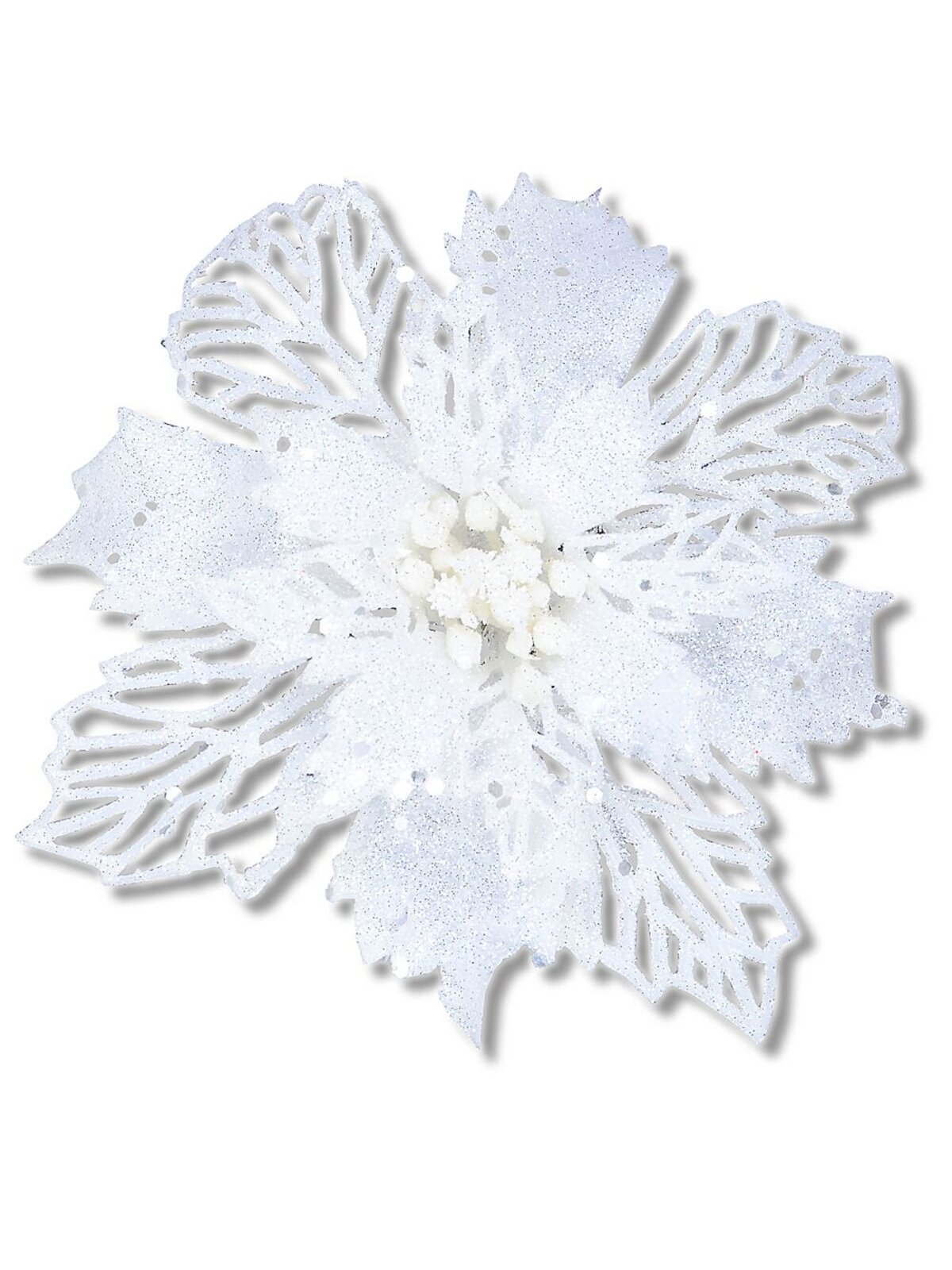 White Iridescent Glitter Poinsettia Bract & Leaf Christmas Clip Pick | 18cm