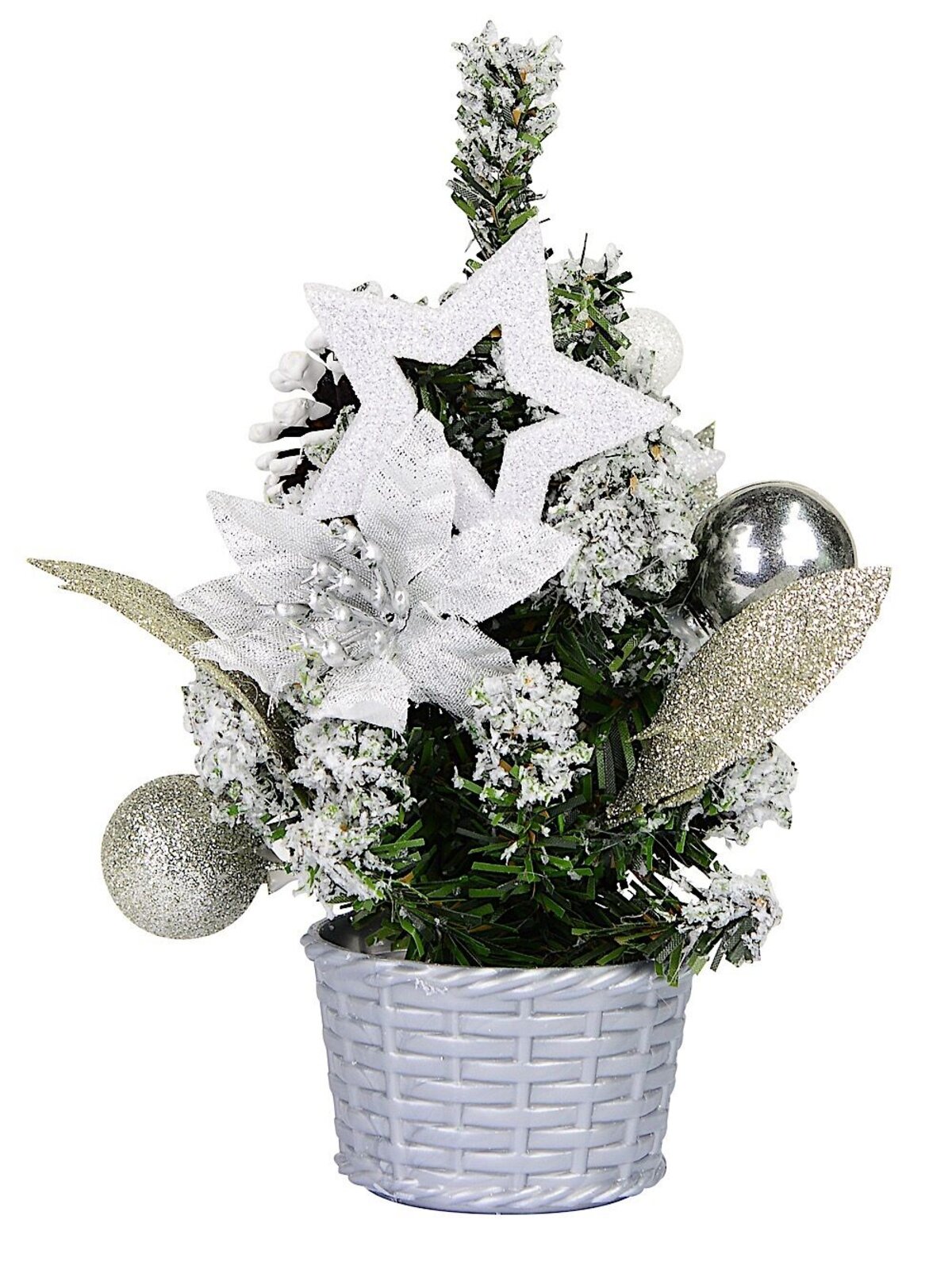 18cm White Poinsettia & Silver Decorations Tabletop Christmas Tree Ornament