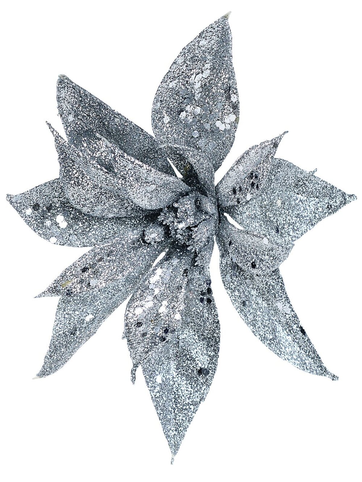 Silver Glitter & Sequin Poinsettia Christmas Tree Stem Pick | 19cm