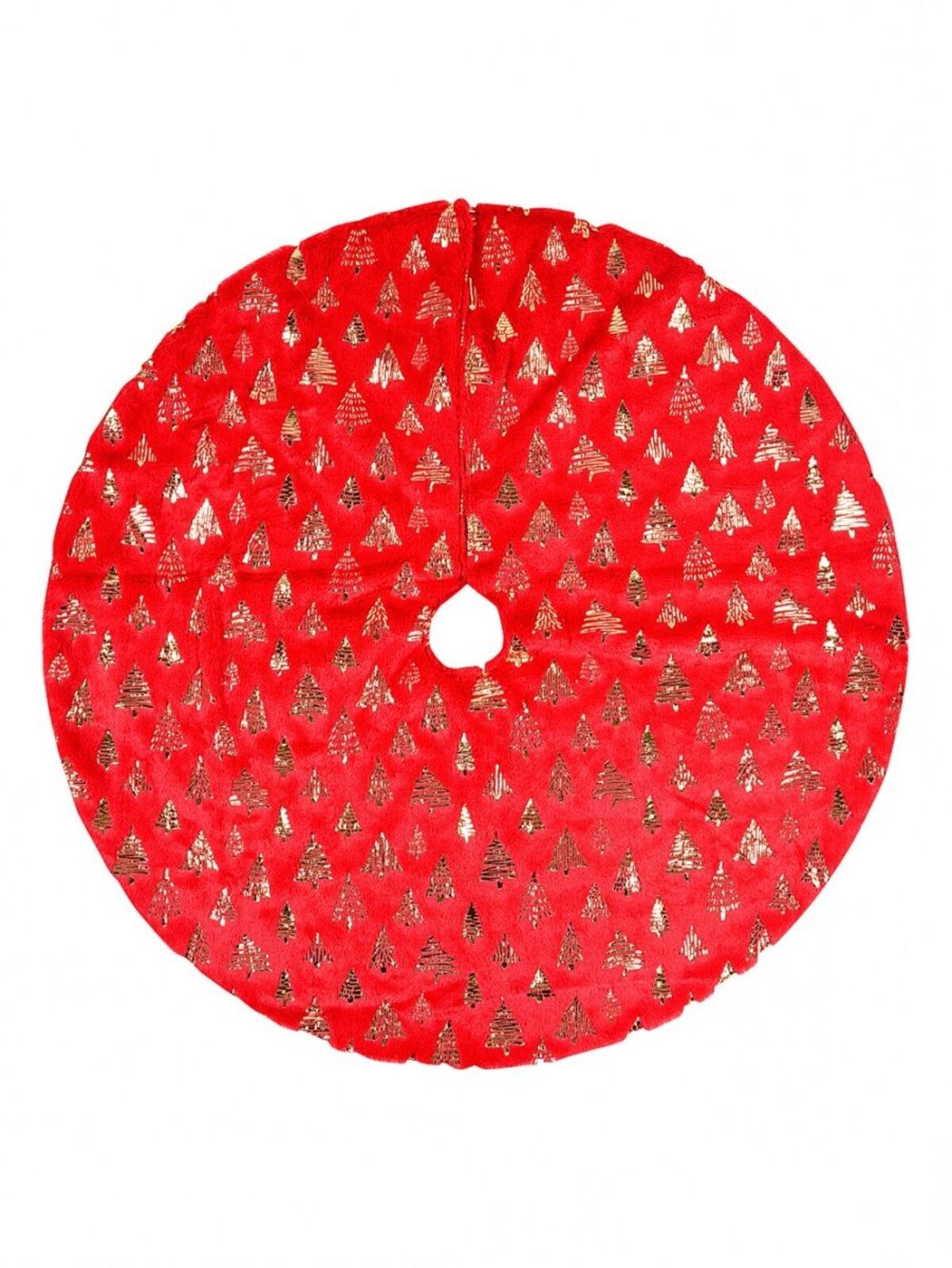 1m Red Plush Faux Fur & Gold Foil Trees Christmas Tree Skirt