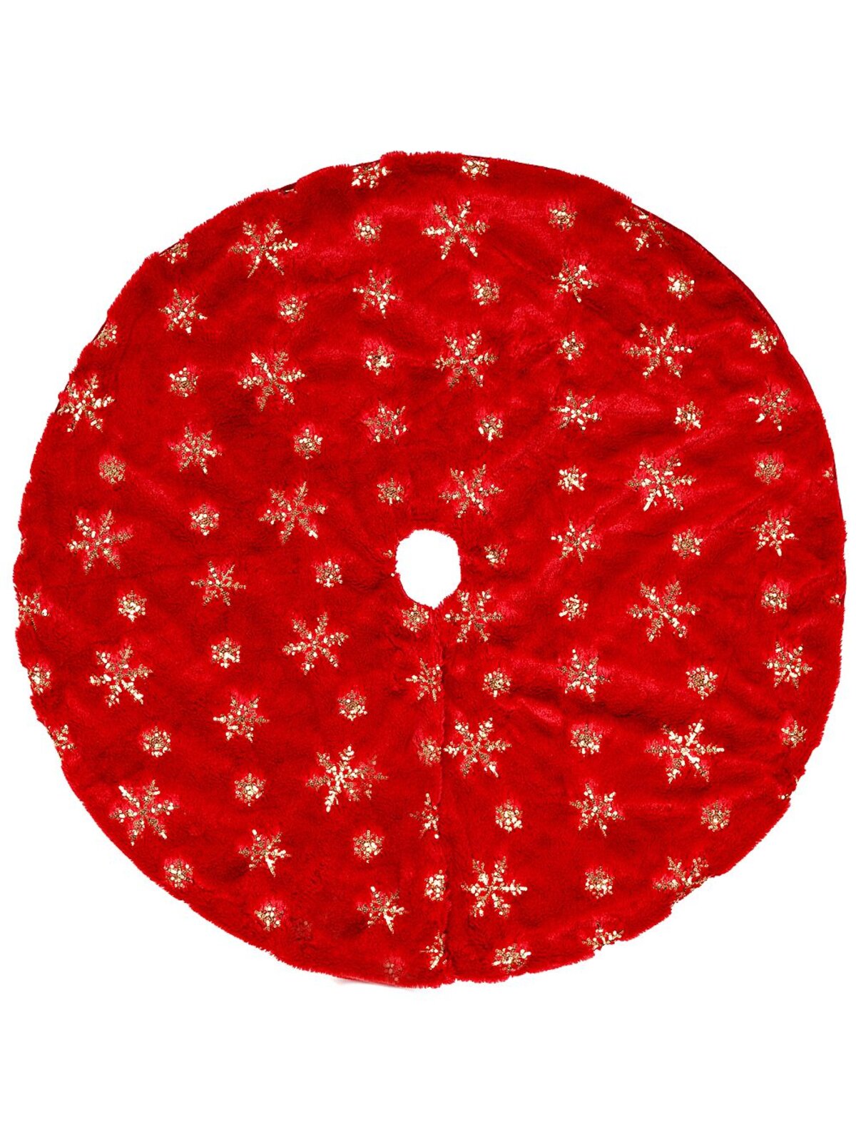 1m Red Plush Faux Fur & Gold Sequin Snowflake Christmas Tree Skirt
