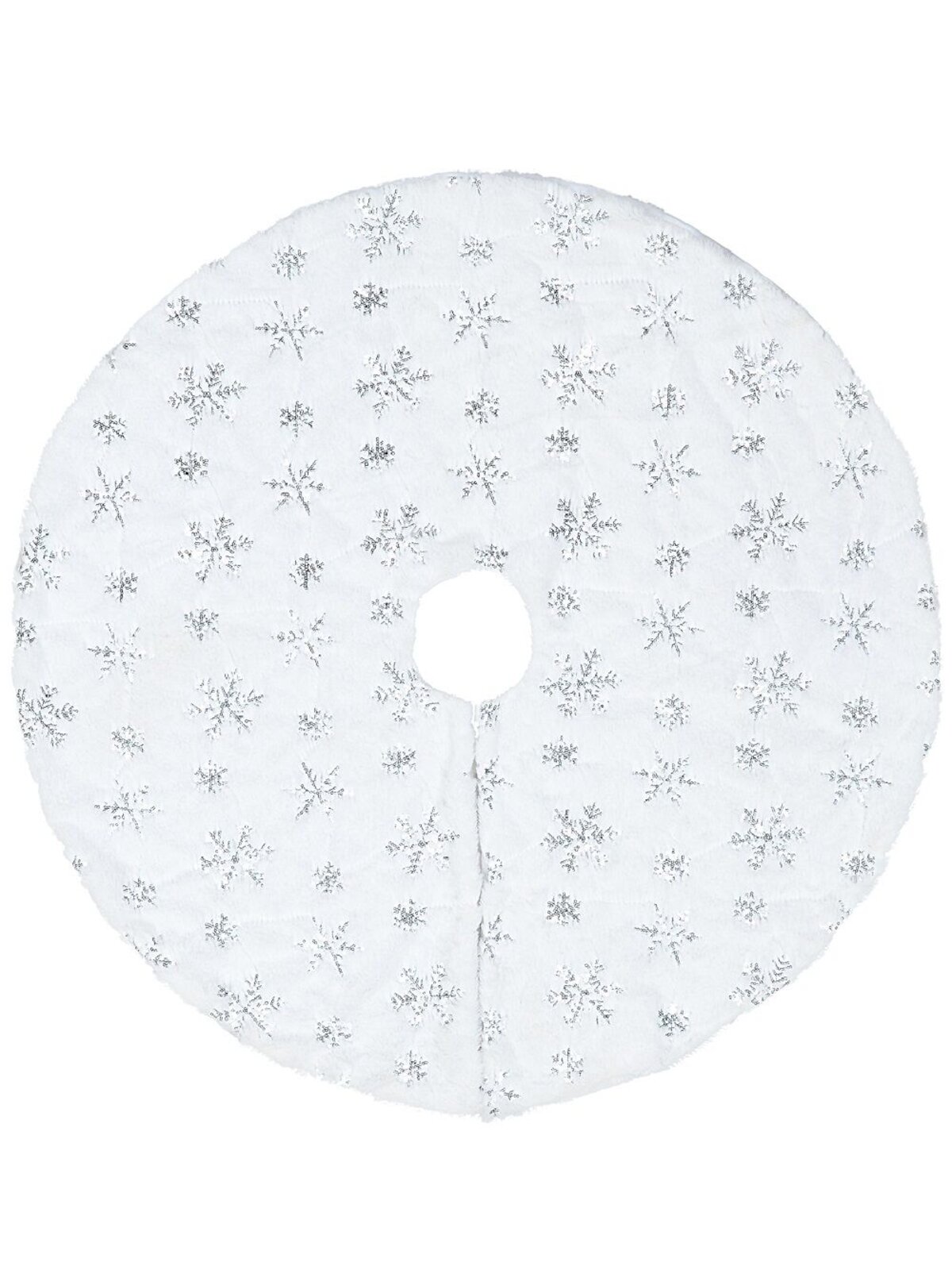 1m White Plush Faux Fur & Silver Sequin Snowflake Christmas Tree Skirt