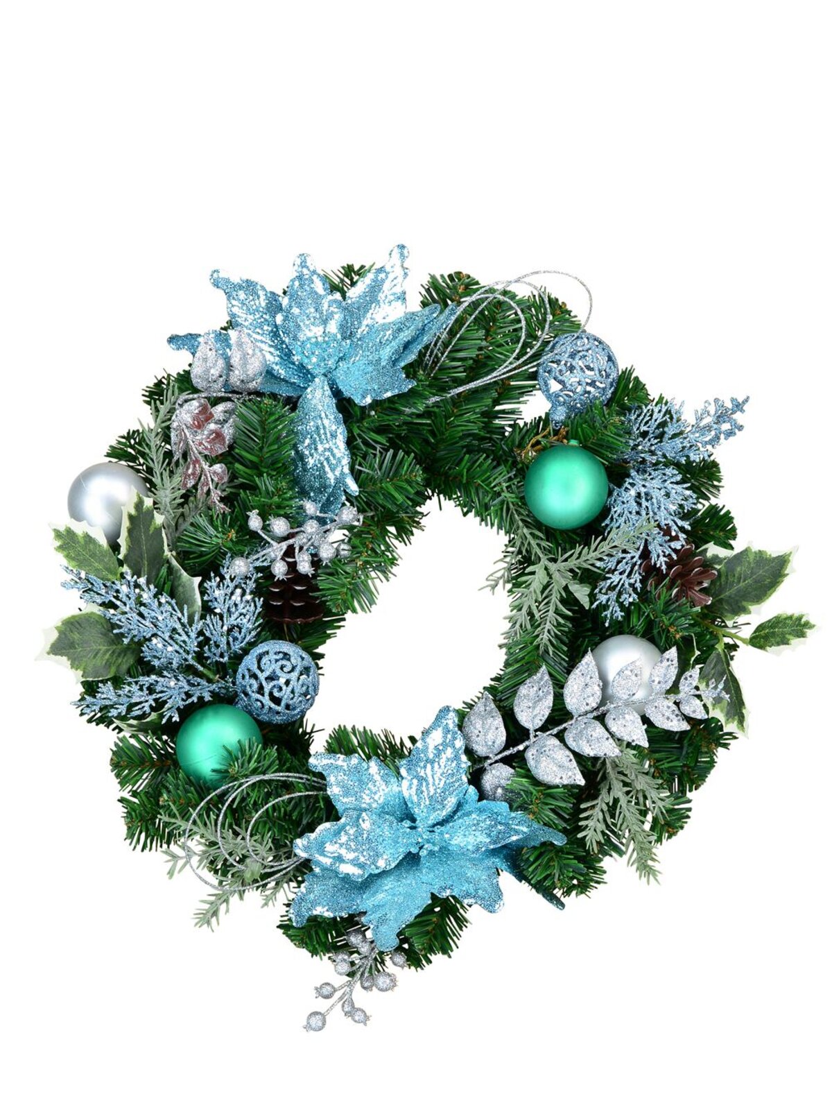 Decorated Blue Poinsettia, Pine Cone, Foliage & Baubles Pine Wreath - 45cm