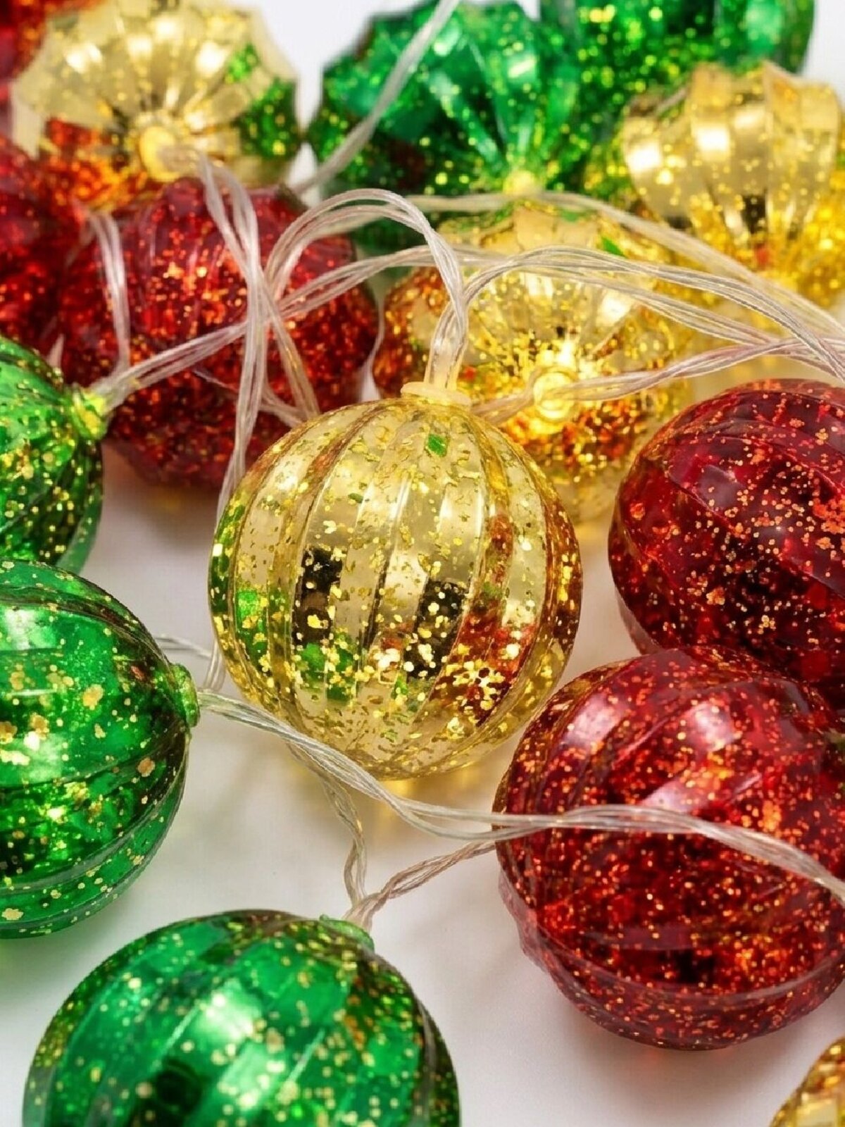 24 Warm White LED With Red Green & Gold Whirlpool Baubles | 3.4m