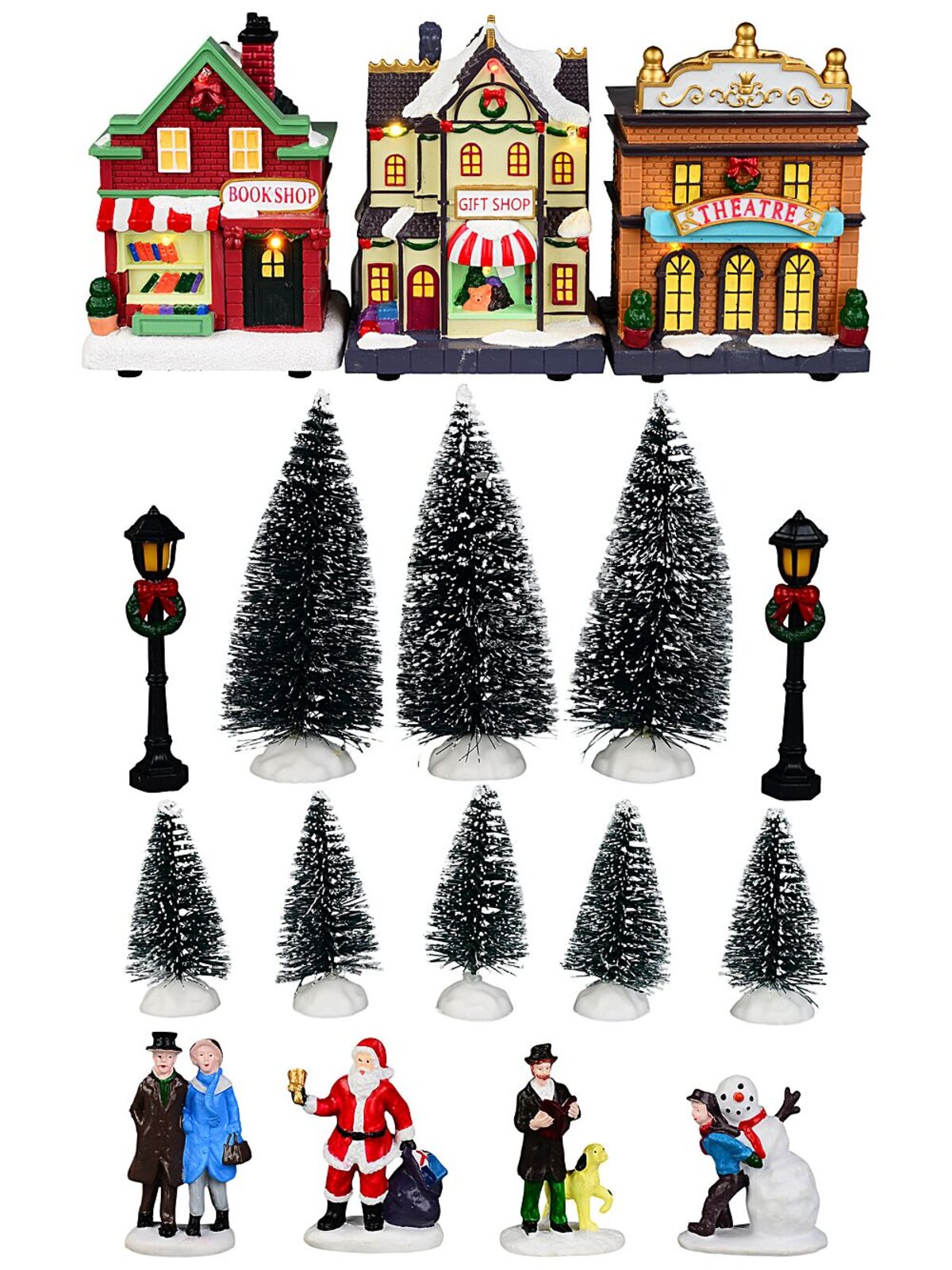 17 Piece Christmas Village Set With Theatre, Bookshop & Gift Store Figures