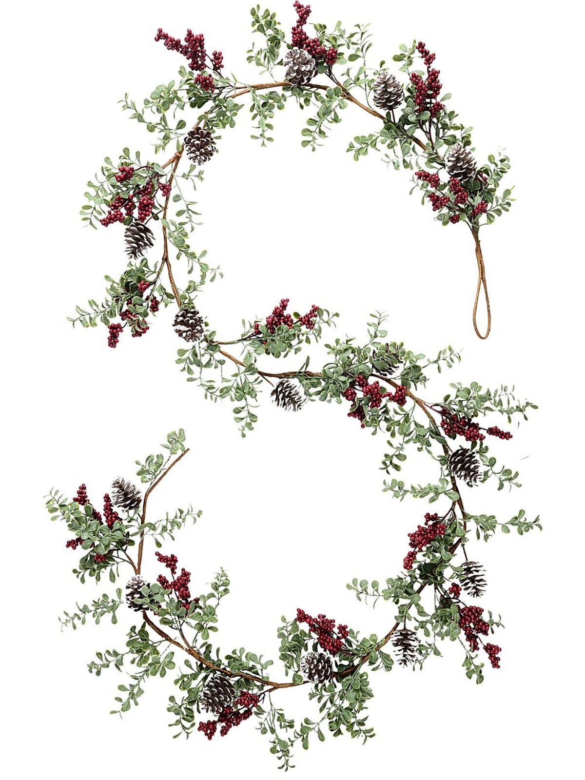 2.7m Boxwood & Red Berry Christmas Vine Garland | Snow Tipped Pine Cones