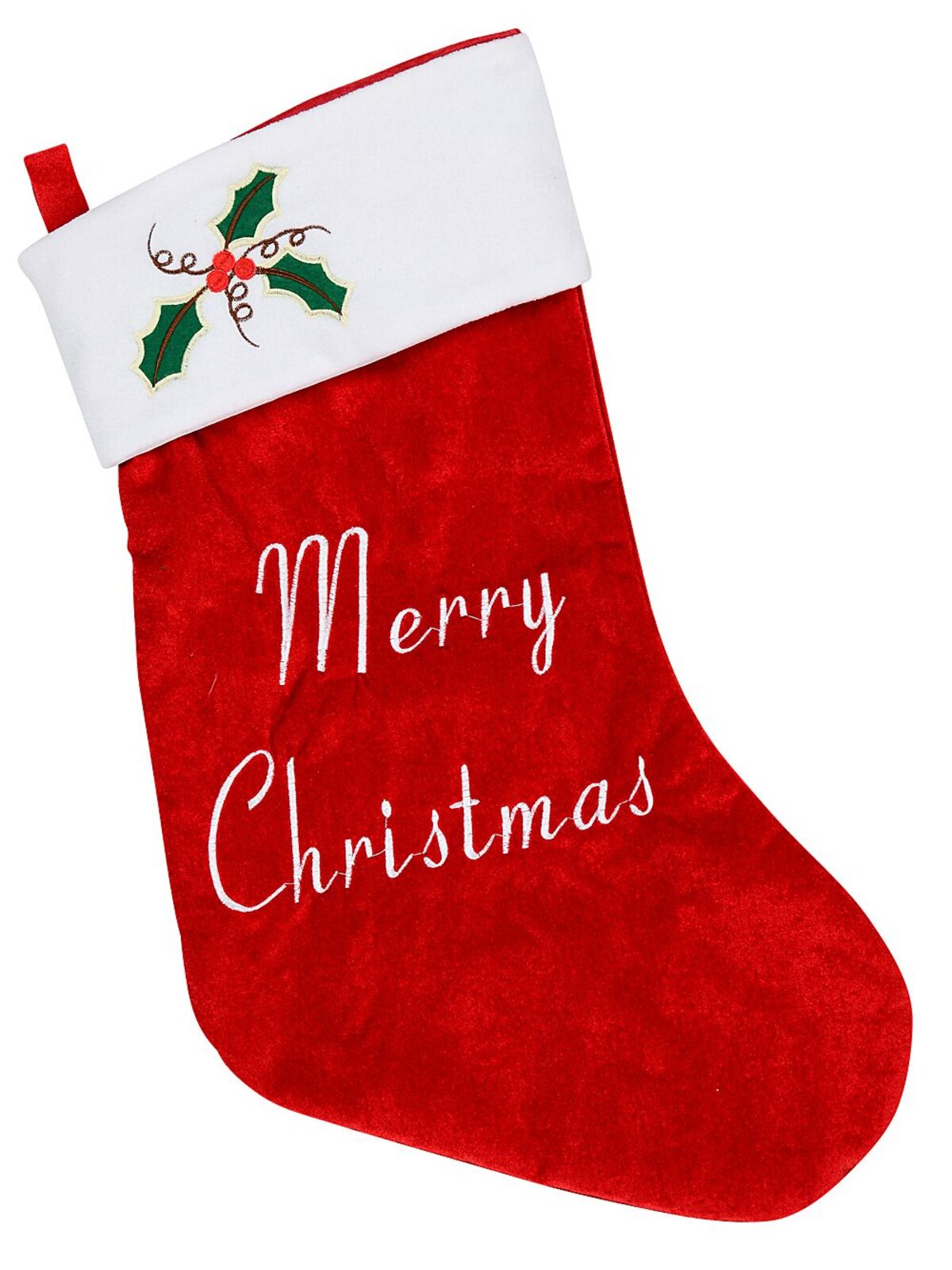 Merry Christmas Large Red Velvet Holly Embroidered Stocking | 63cm