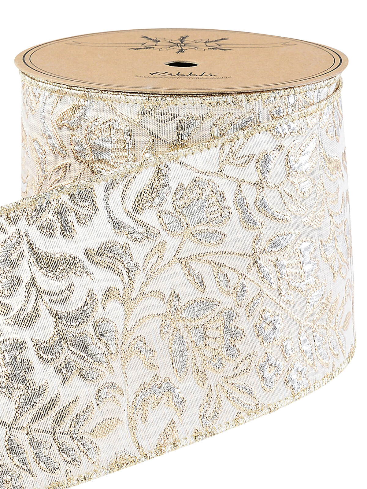 Wired Ivory Brocade Ribbon Champagne & Silver Botanical Pattern | 10m x 10cm