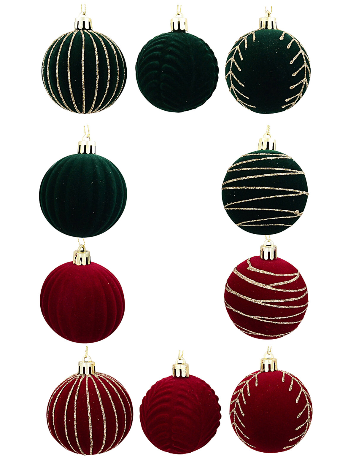 12x Whimsical Red Green & Gold Essential Velvet Glitter Baubles | 60mm