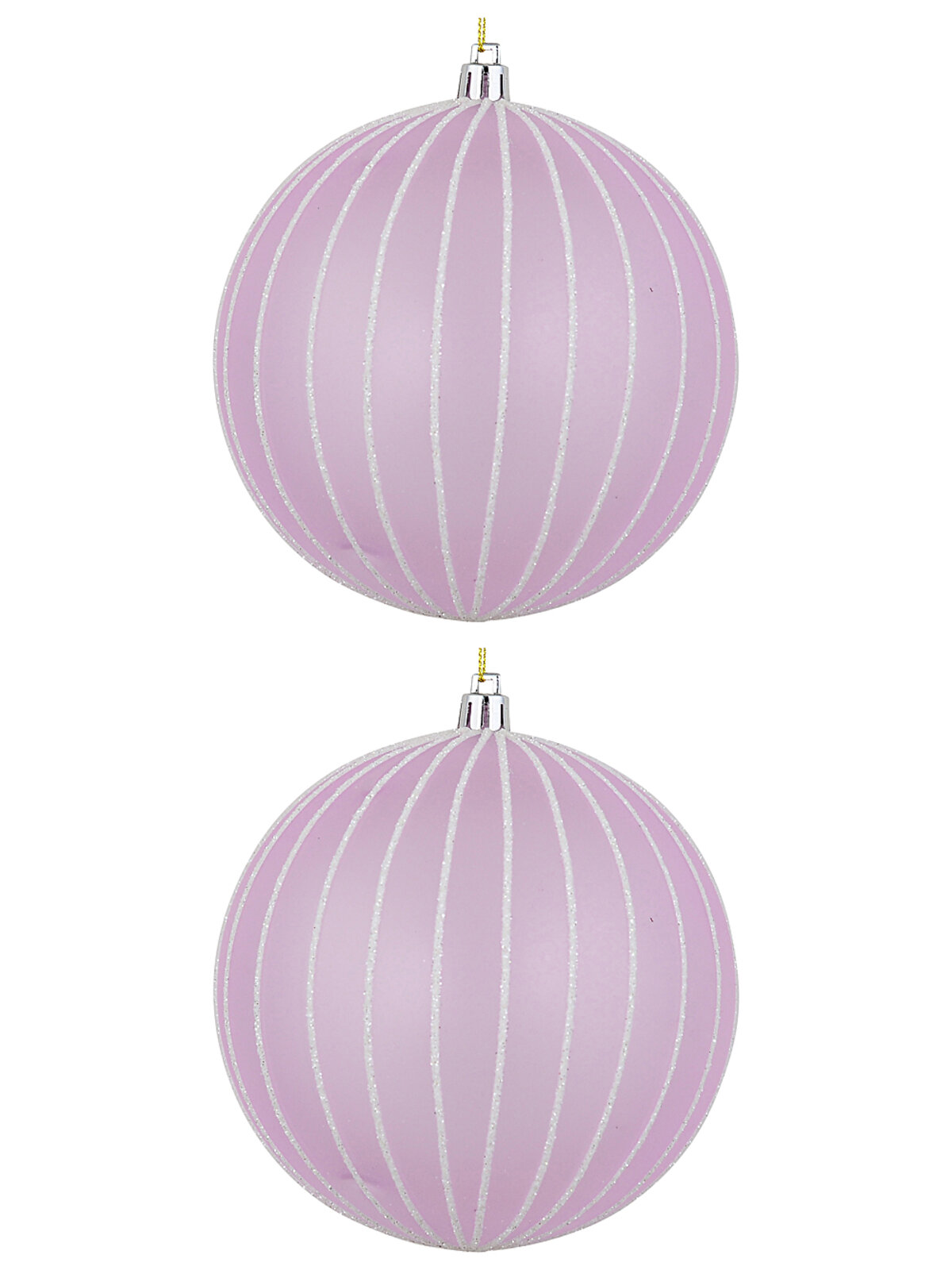 2x Lavender Pink Grand Matte Glitter Pinstripe Baubles | 12cm