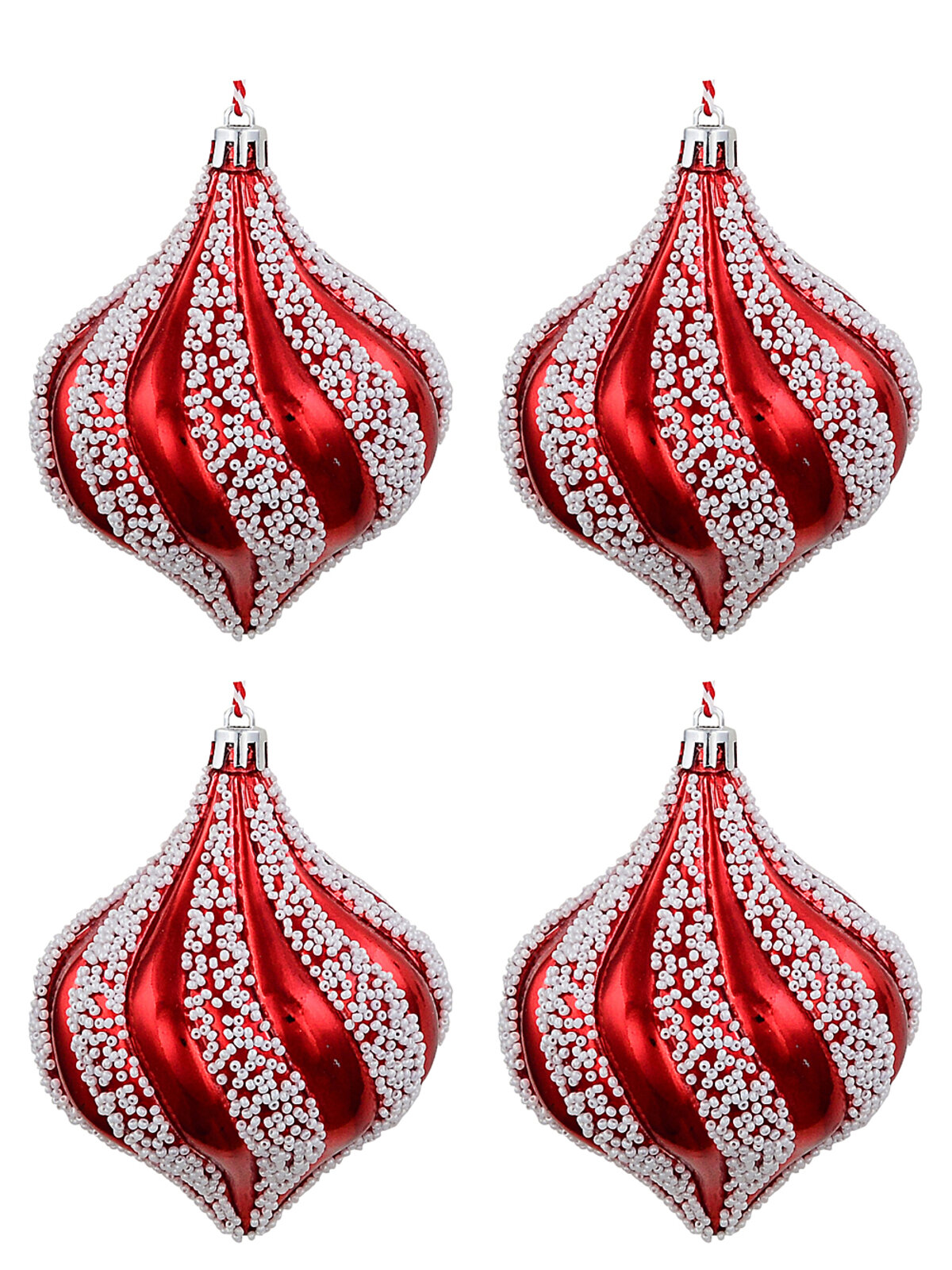 4x Classic Glossy Red & White Signature Bead Spiral Onion Finial Drops | 80mm