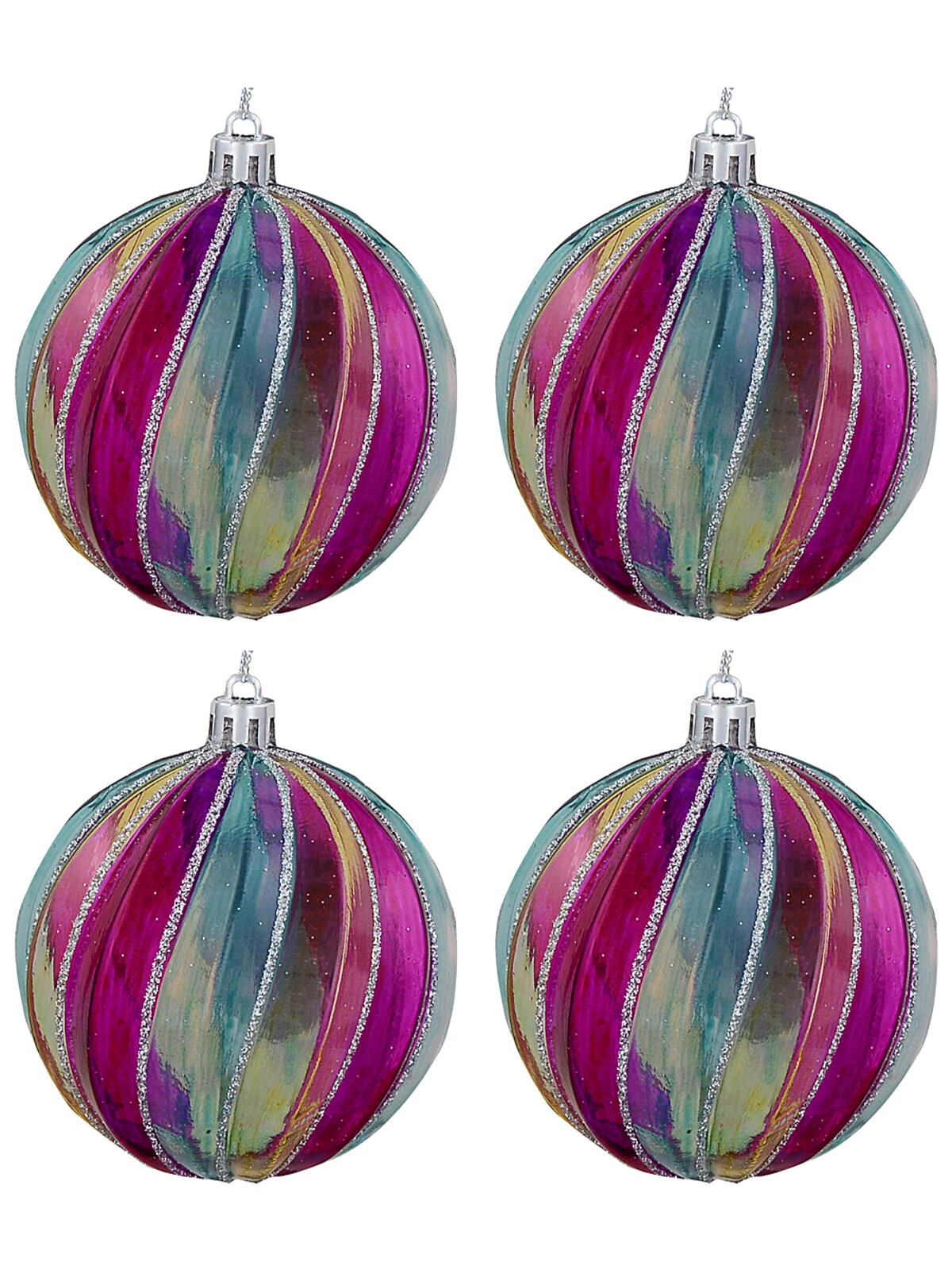 4x Whimsical Jewel Tone Iridescent Signature Spiral Silver Grid Baubles | 80mm