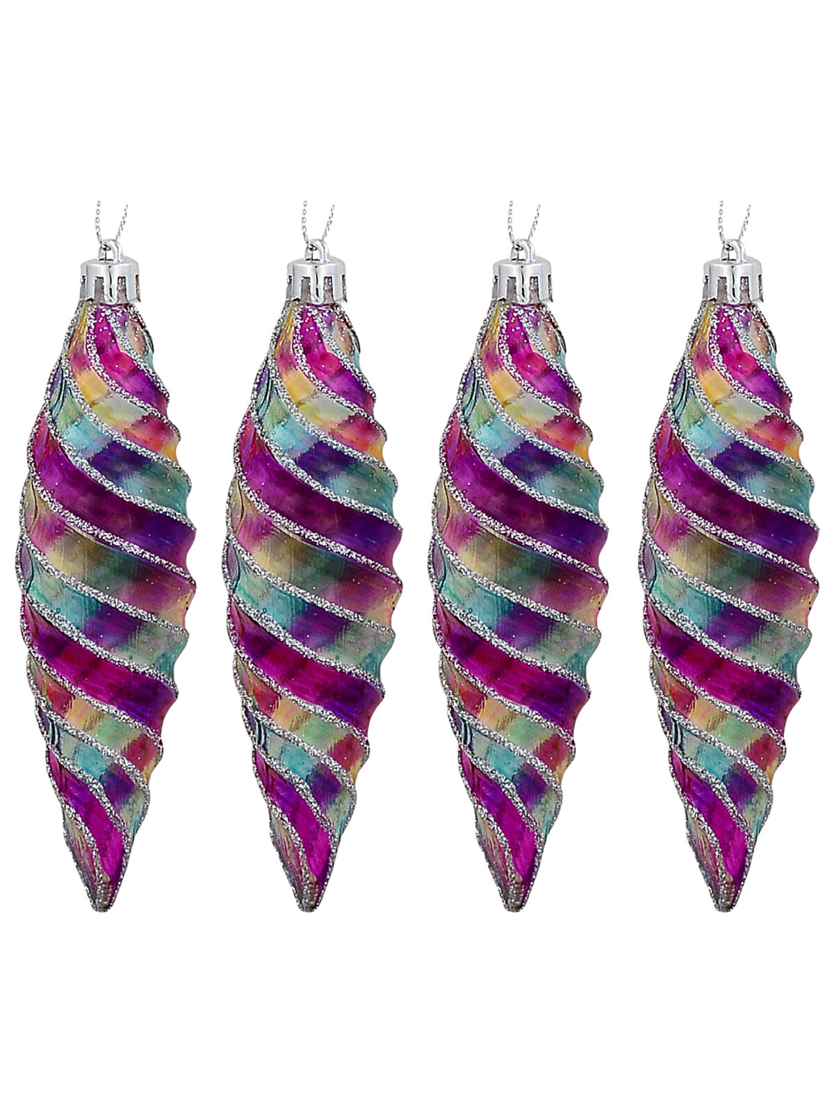 4x Whimsical Jewel Tone Iridescent Signature Spiral Silver Finial Drops | 13cm