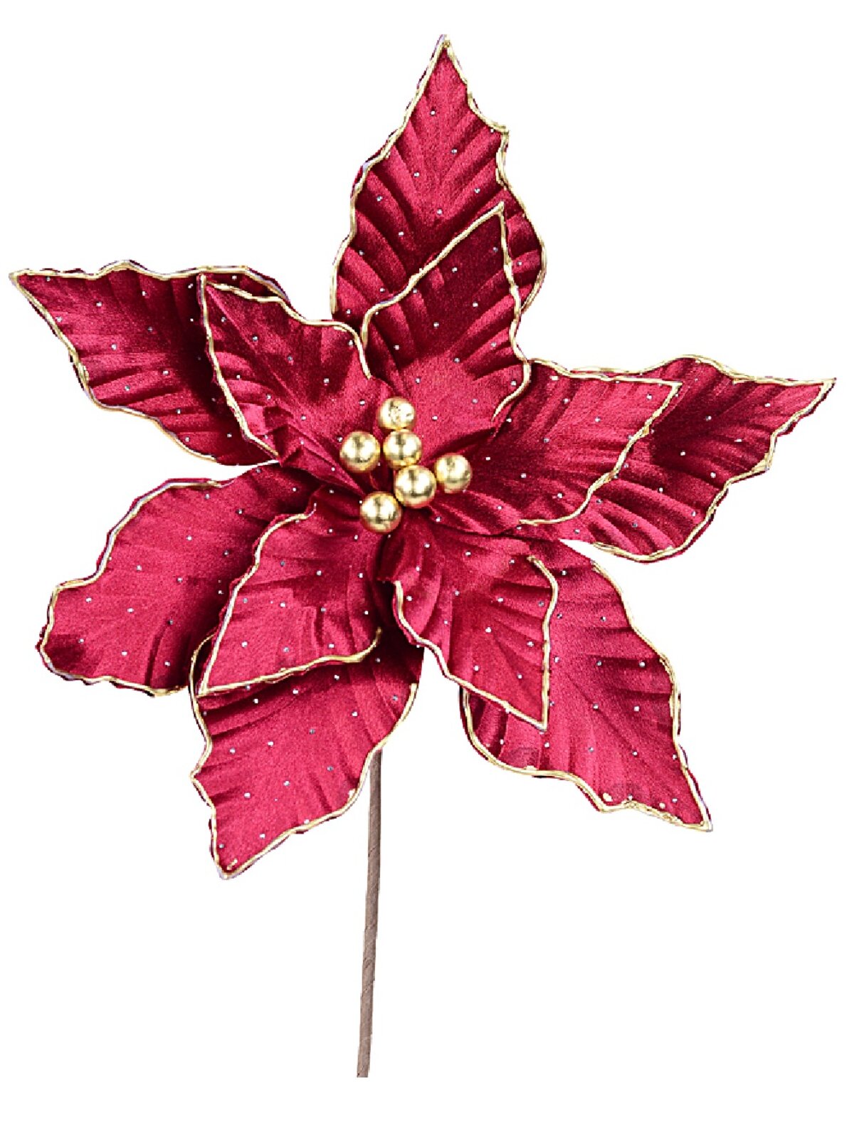 Regal Crimson Velvet Poinsettia Long Stem Pick With Liquid Gold Trim | 33cm