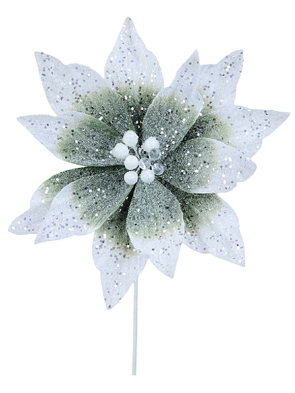 Sage Mint Ombre Velvet Poinsettia Long Stem With Silver Sequins | 30cm