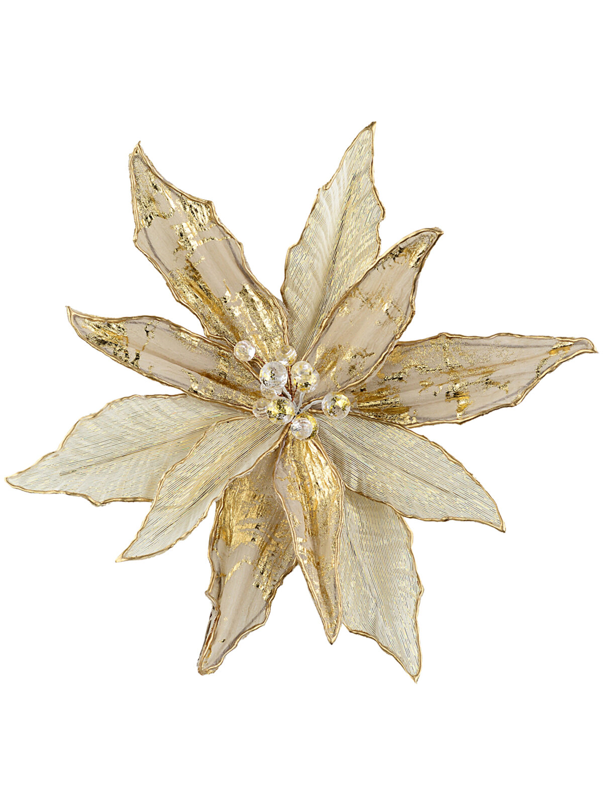 Champagne Gold Organza Foil Fleck Poinsettia Christmas Clip Stem | 33cm