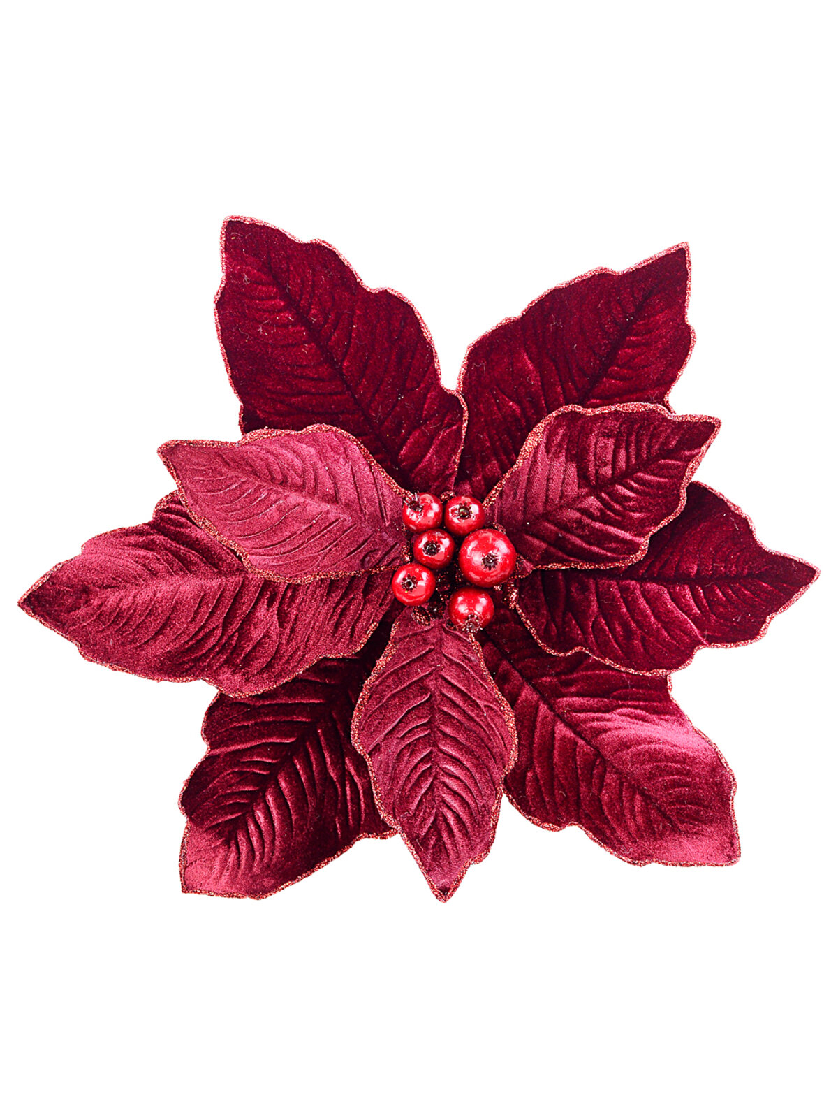 Burgundy Velvet & Glitter Poinsettia Christmas Clip Stem | 28cm