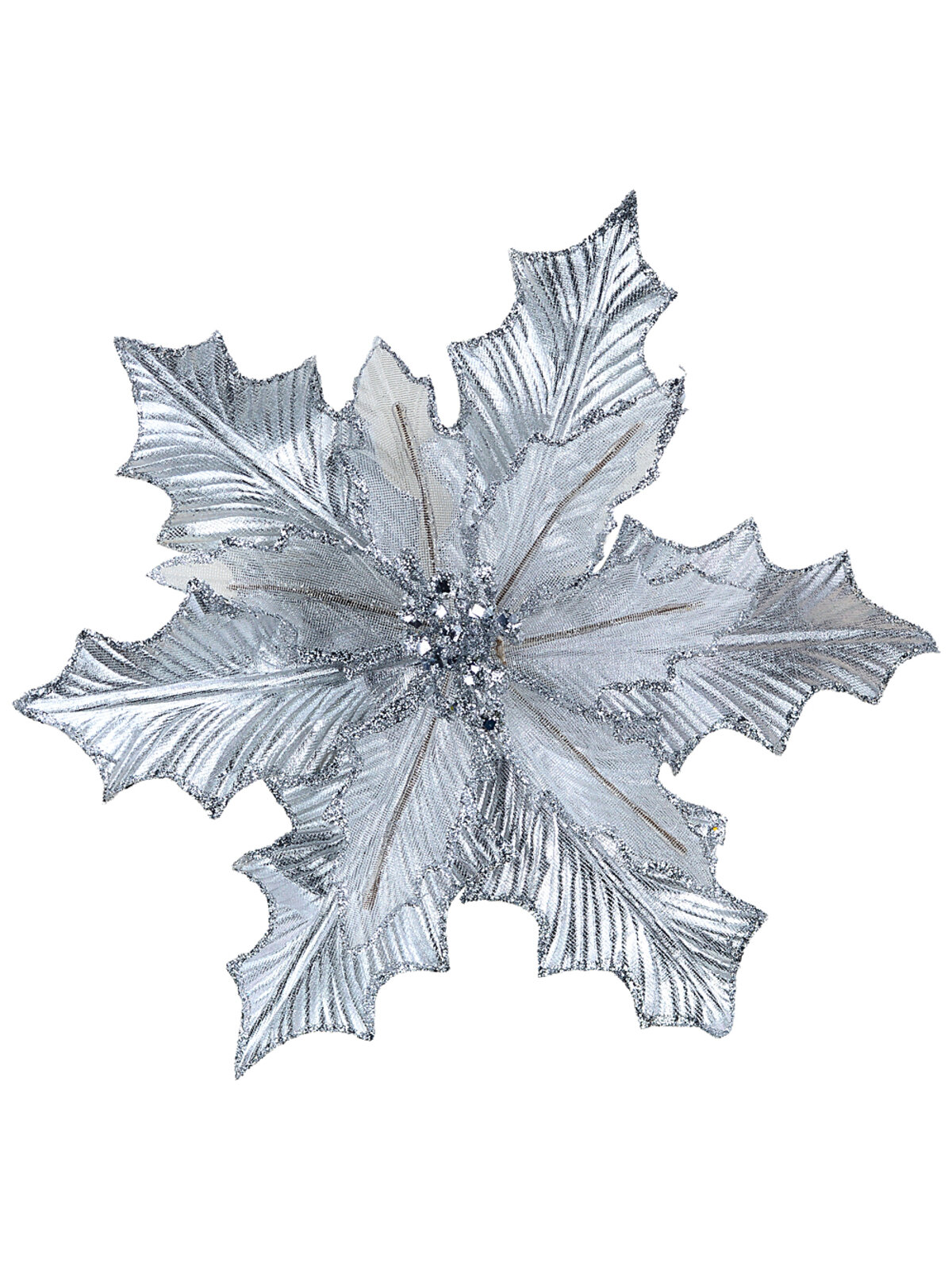 Sterling Silver Metallic Holly Leaf Mesh Poinsettia Christmas Clip Stem | 21cm