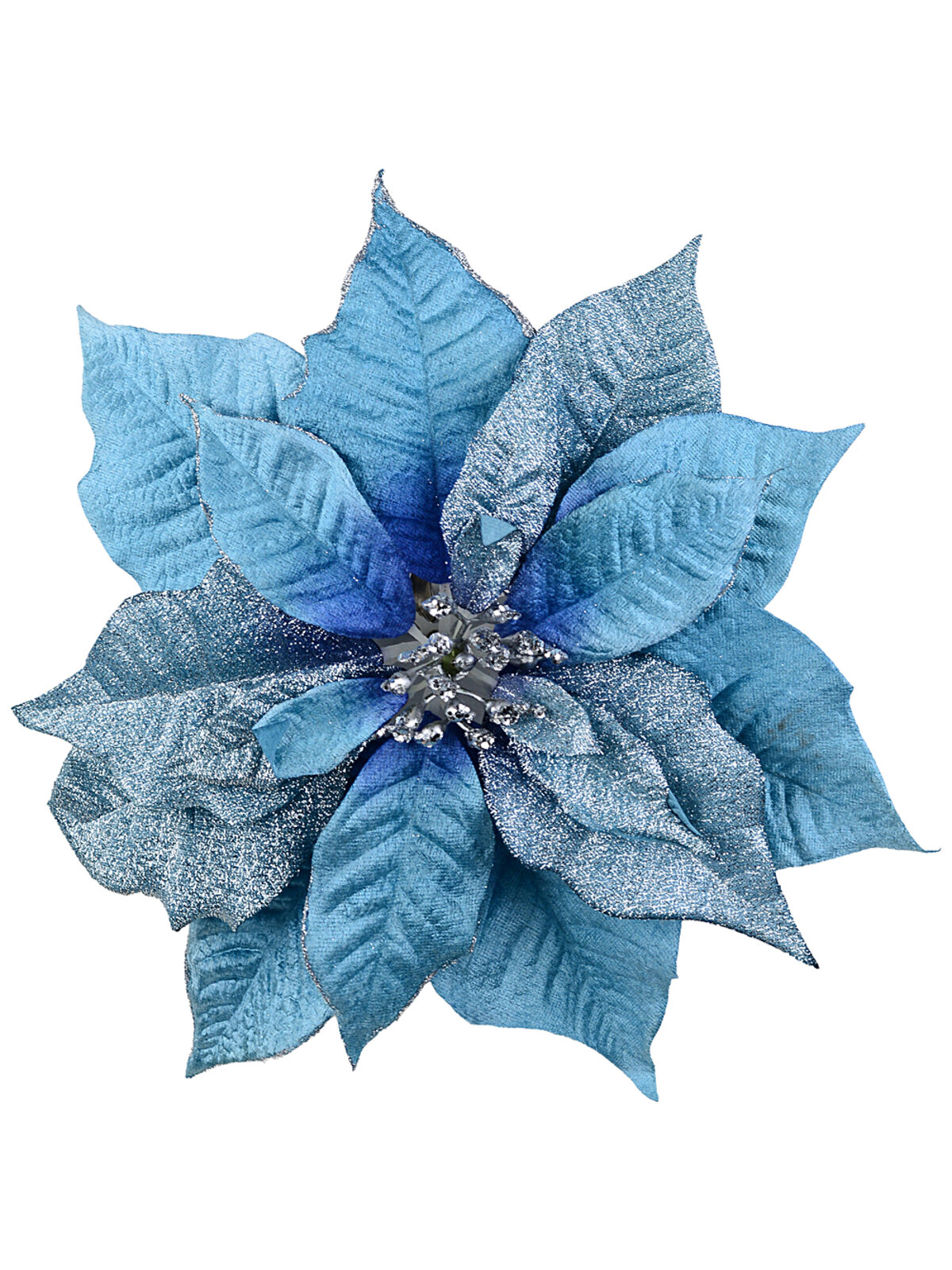 Layered Blue With Glitter Poinsettia Christmas Tree Clip Pick | 30cm