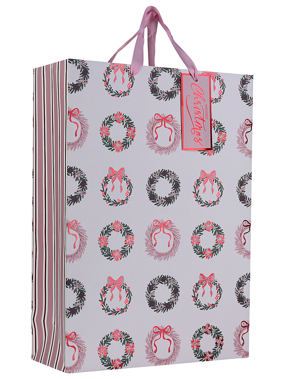 Small Retro Pastel Wreath & Stripe Christmas Gift Bag | 23cm