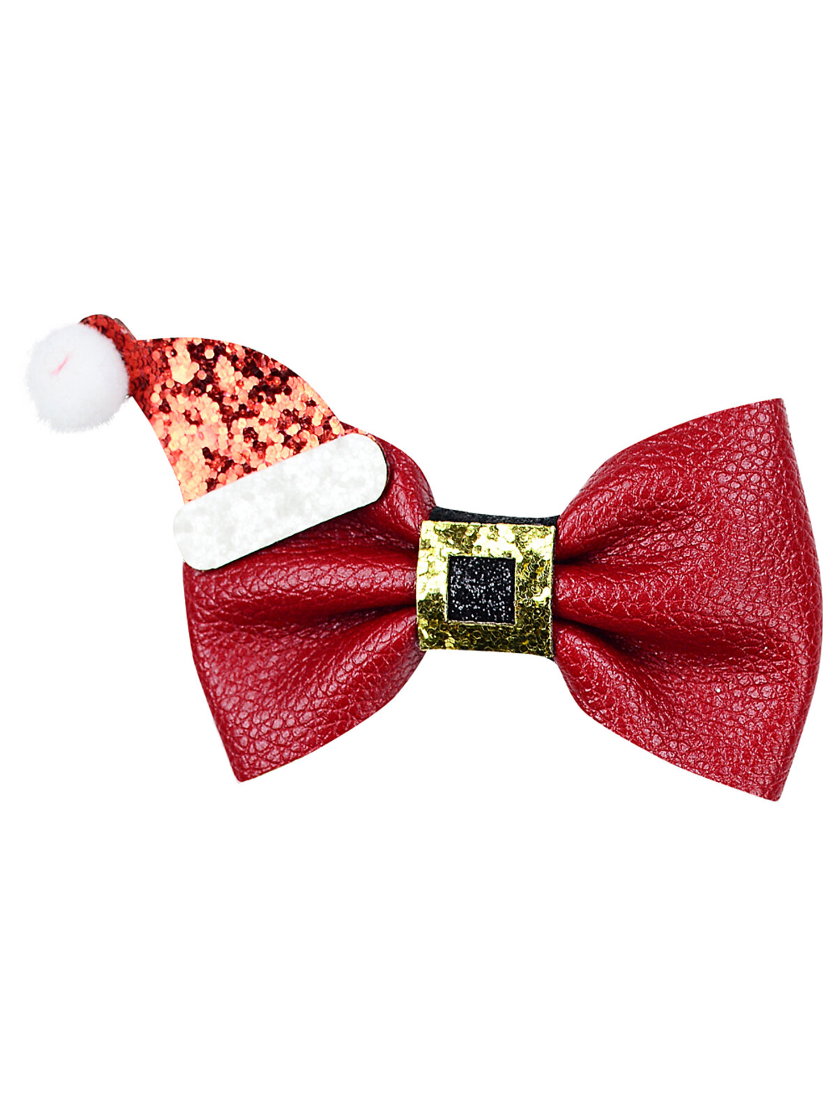 Handmade Red Leatherette Christmas Bow Hair Clip Santa Belt Buckle | 10cm